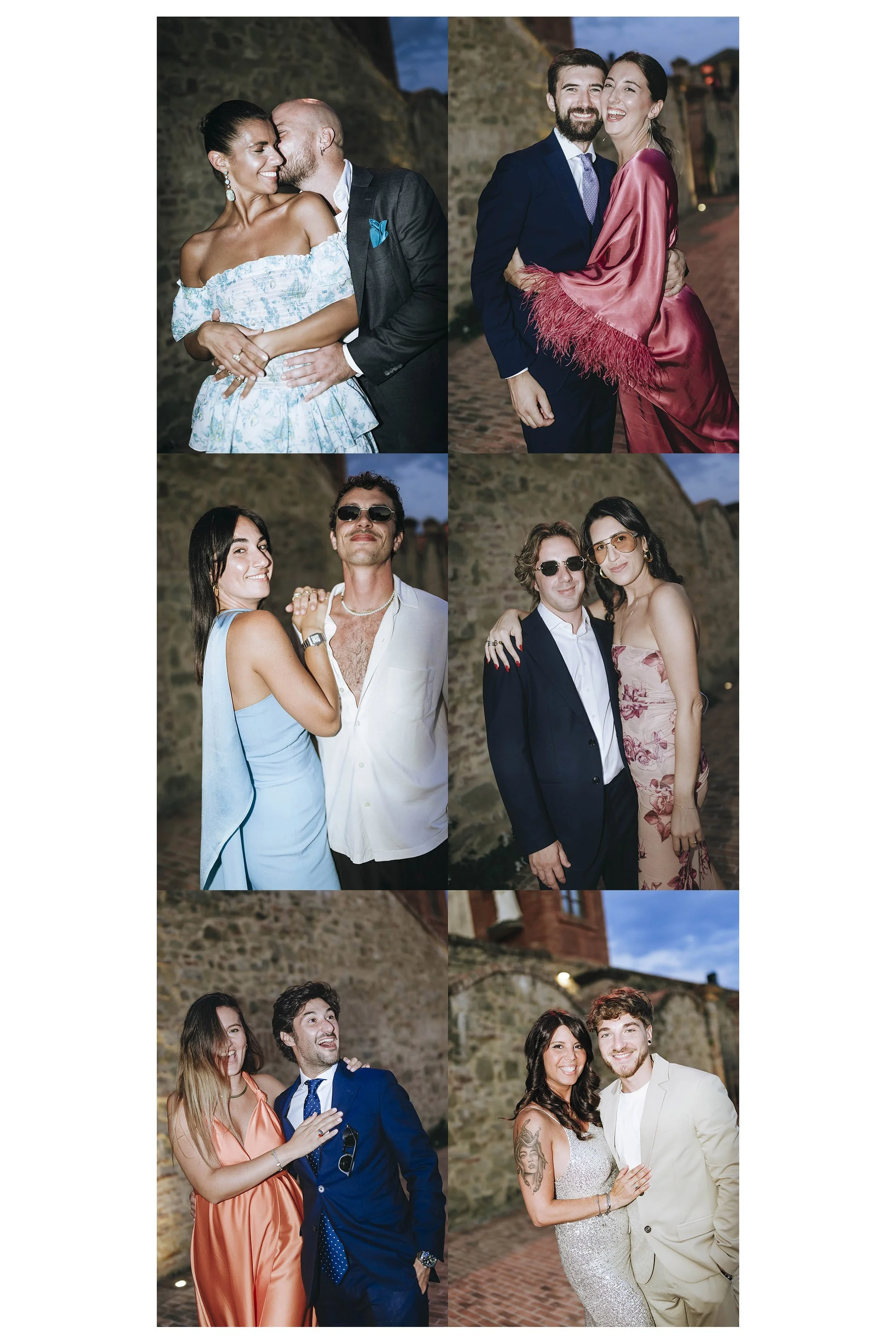 Collage of six couples posing and smiling outdoors during evening or night.