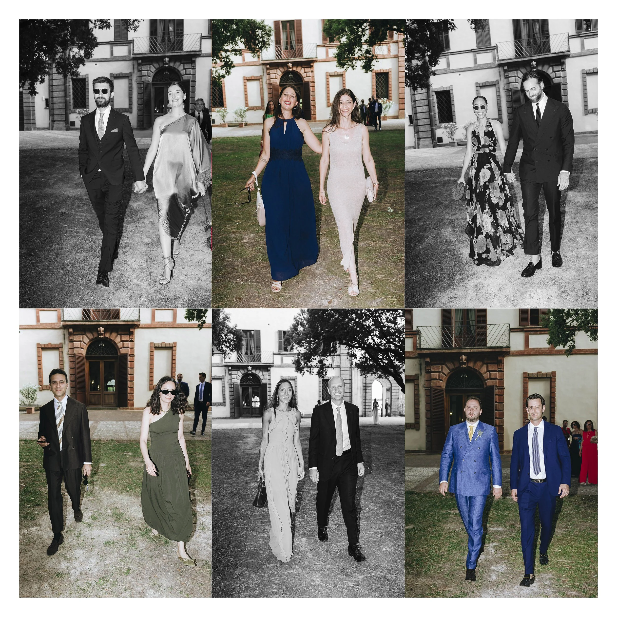 A collage of nine photographs showing various couples dressed in formal attire, walking outdoors near a historic building with large windows, trees, and grass.