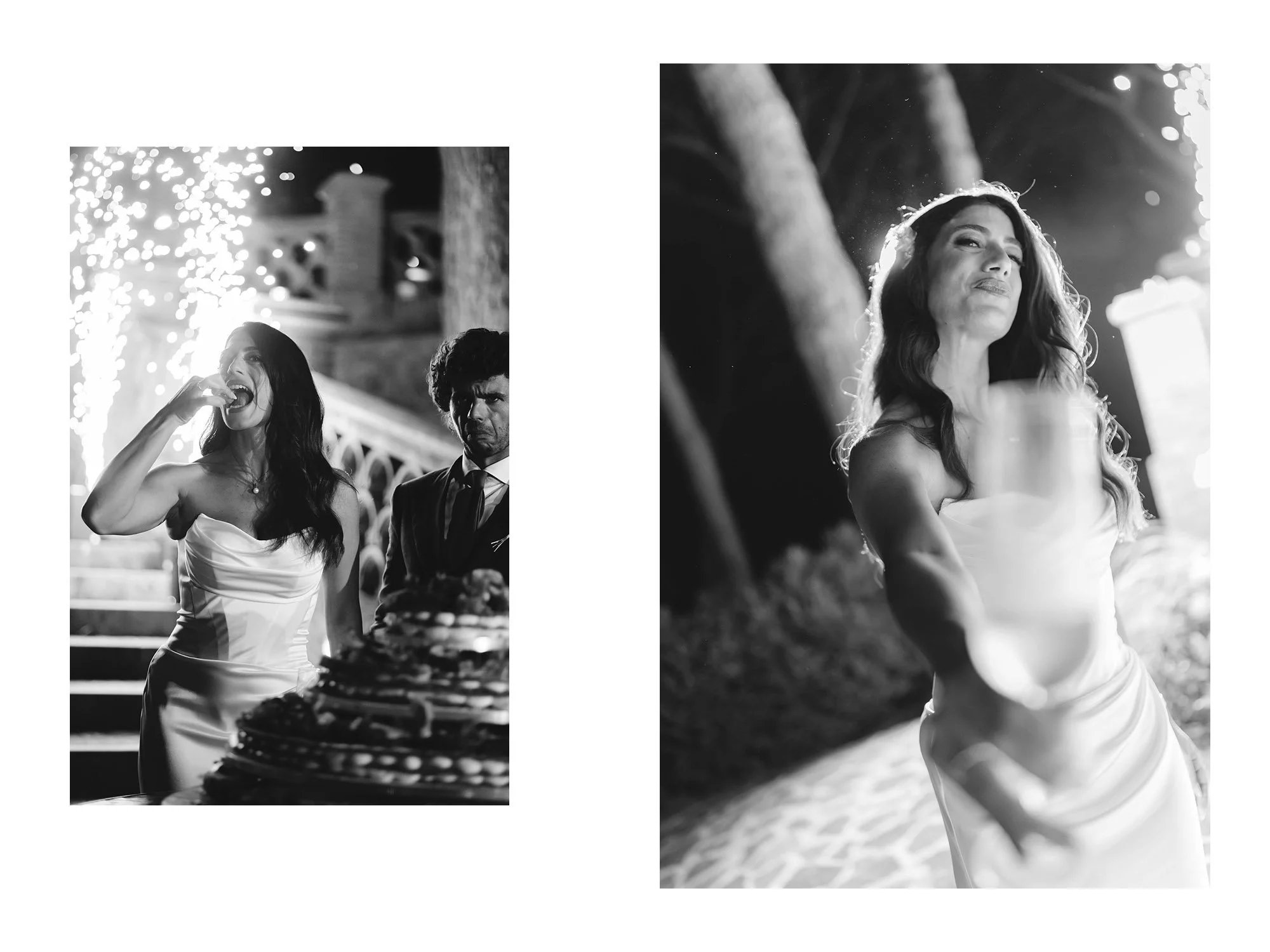Black and white photos of a woman in a strapless dress celebrating at a wedding or party, with a man in a suit nearby, and a cake in the foreground.