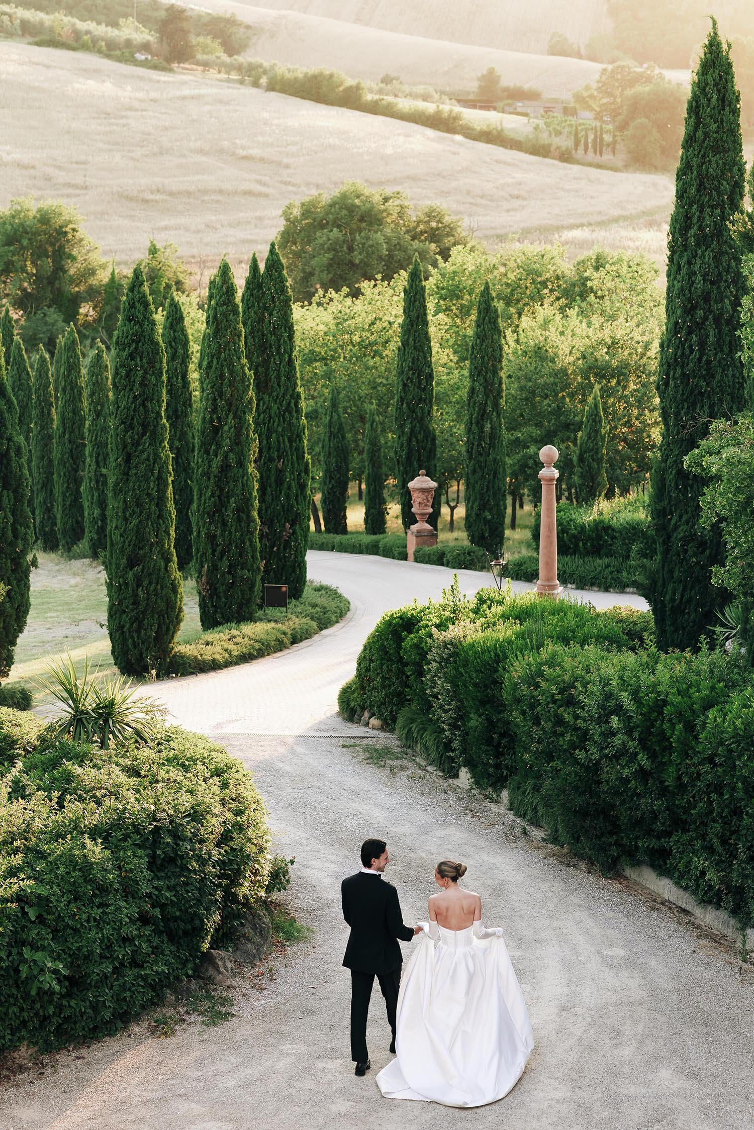 bride and groom walk together