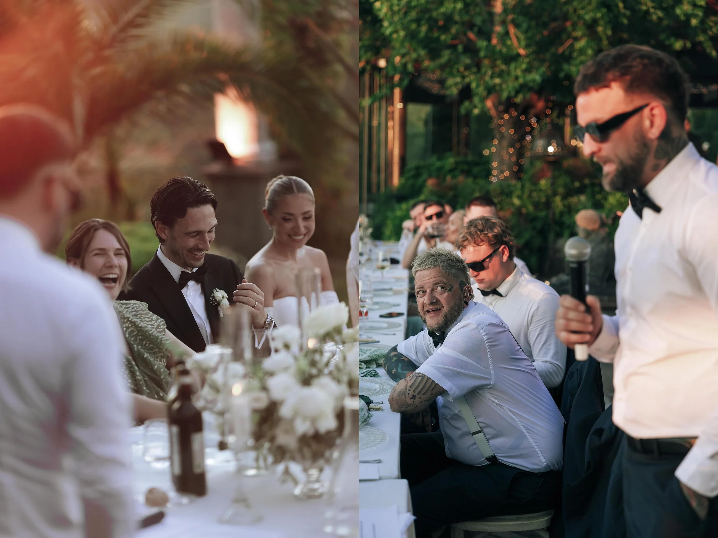 Moments of the speeches during te dinner wit the warm light of the sunset