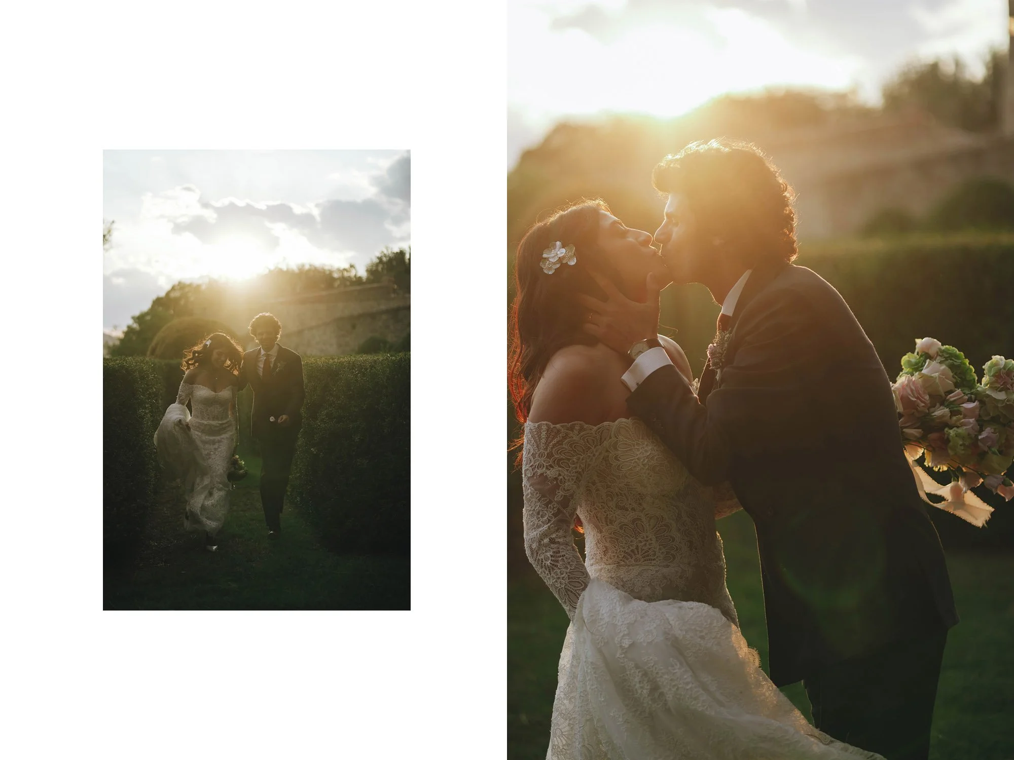 A bride and groom sharing a kiss at sunset, with the bride holding a bouquet of flowers and the groom holding her face, both dressed in wedding attire.