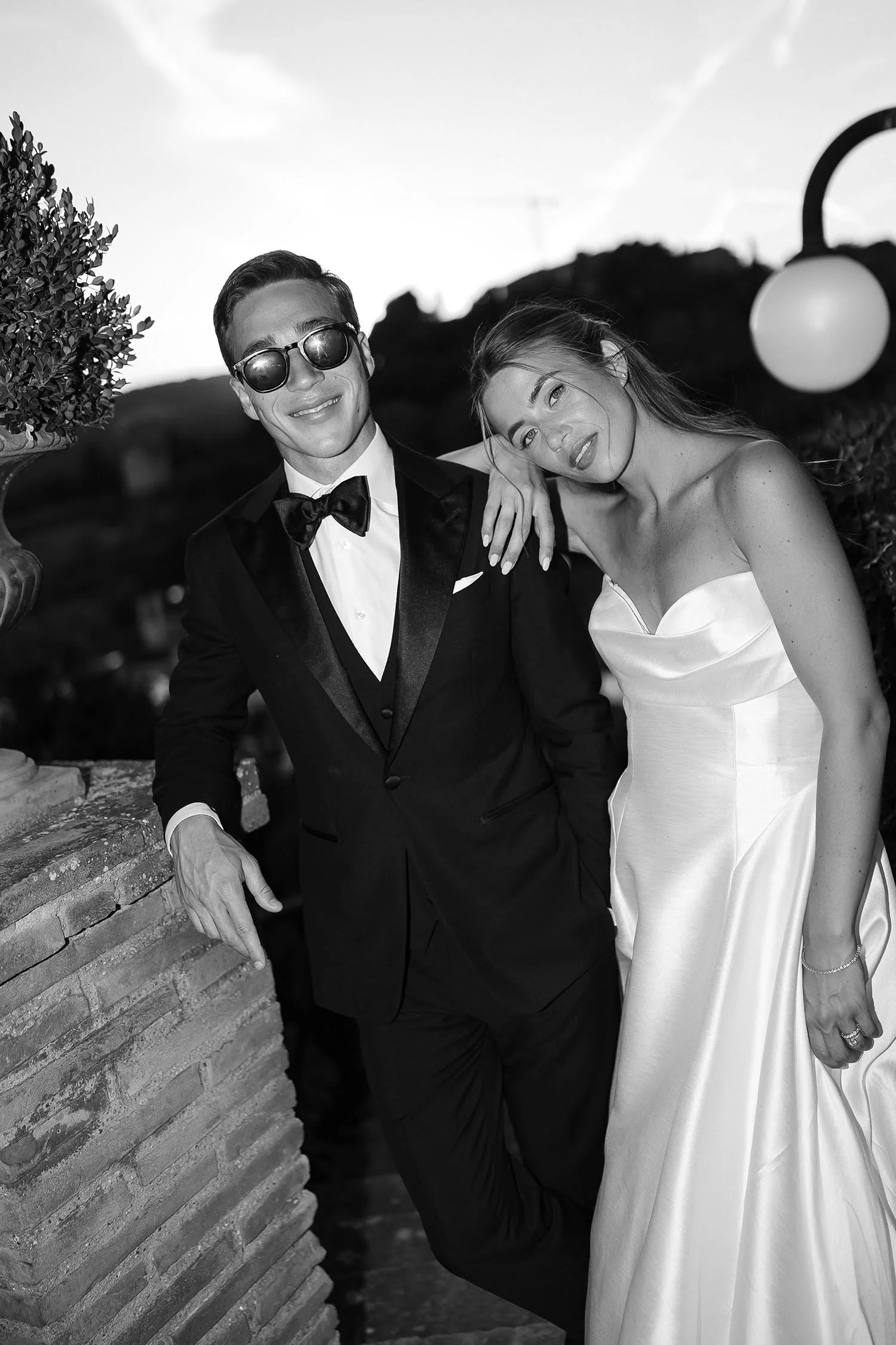 timeless portrait of bride and groom at sunset