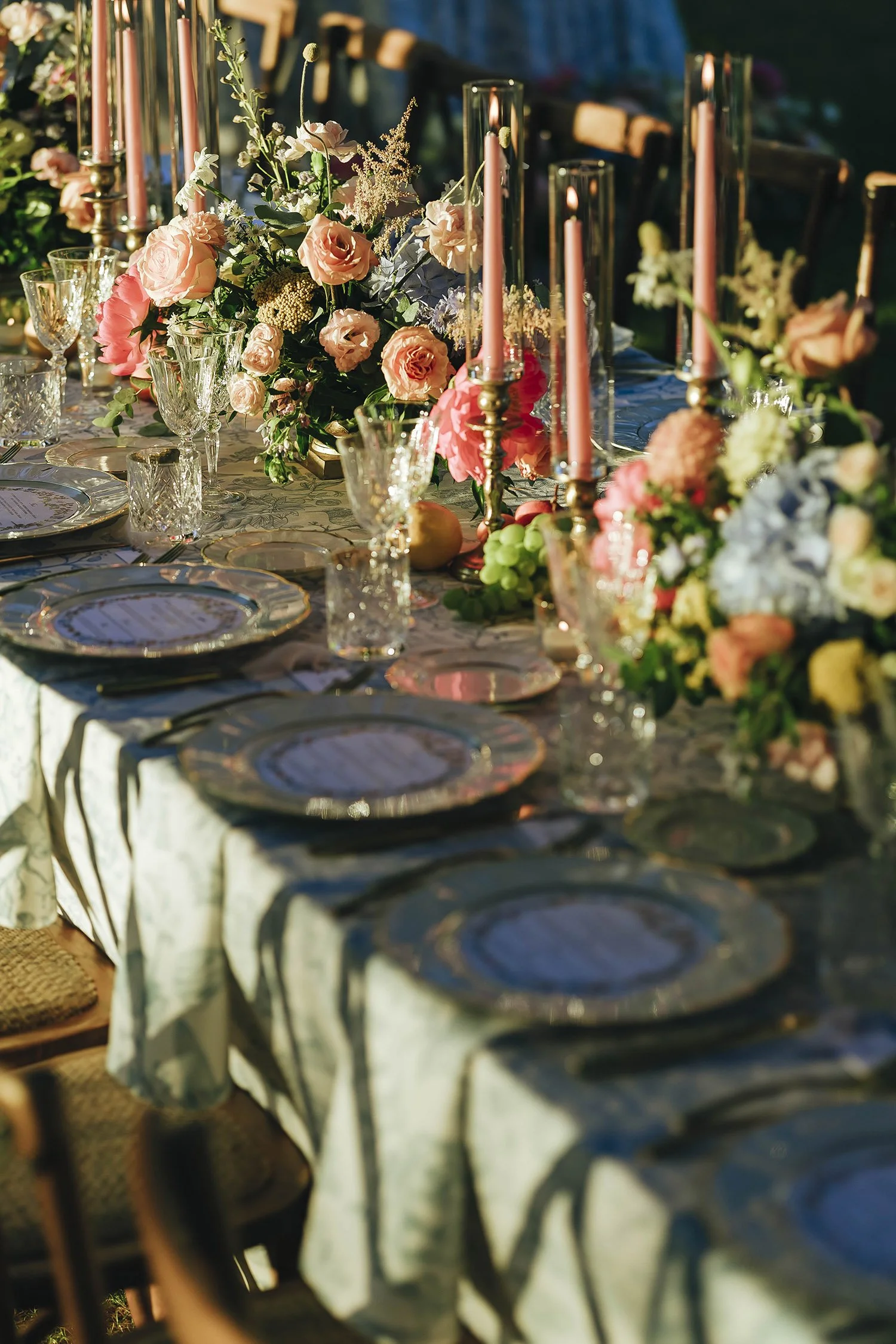 Beautiful table setting hit by the sunset light at Borgo Laticastelli in Tuscany.