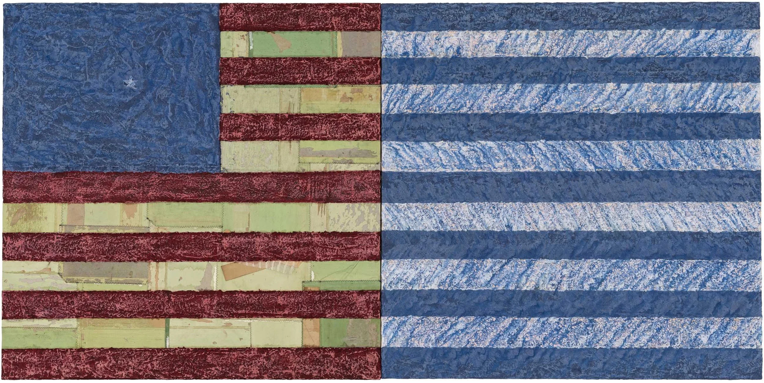 esse defectum (to have been failed) | 2026 | Deconstructed law books and pulped US flag on canvas | 40 x 80 inches | Photo Credit: Adam Reich, NY