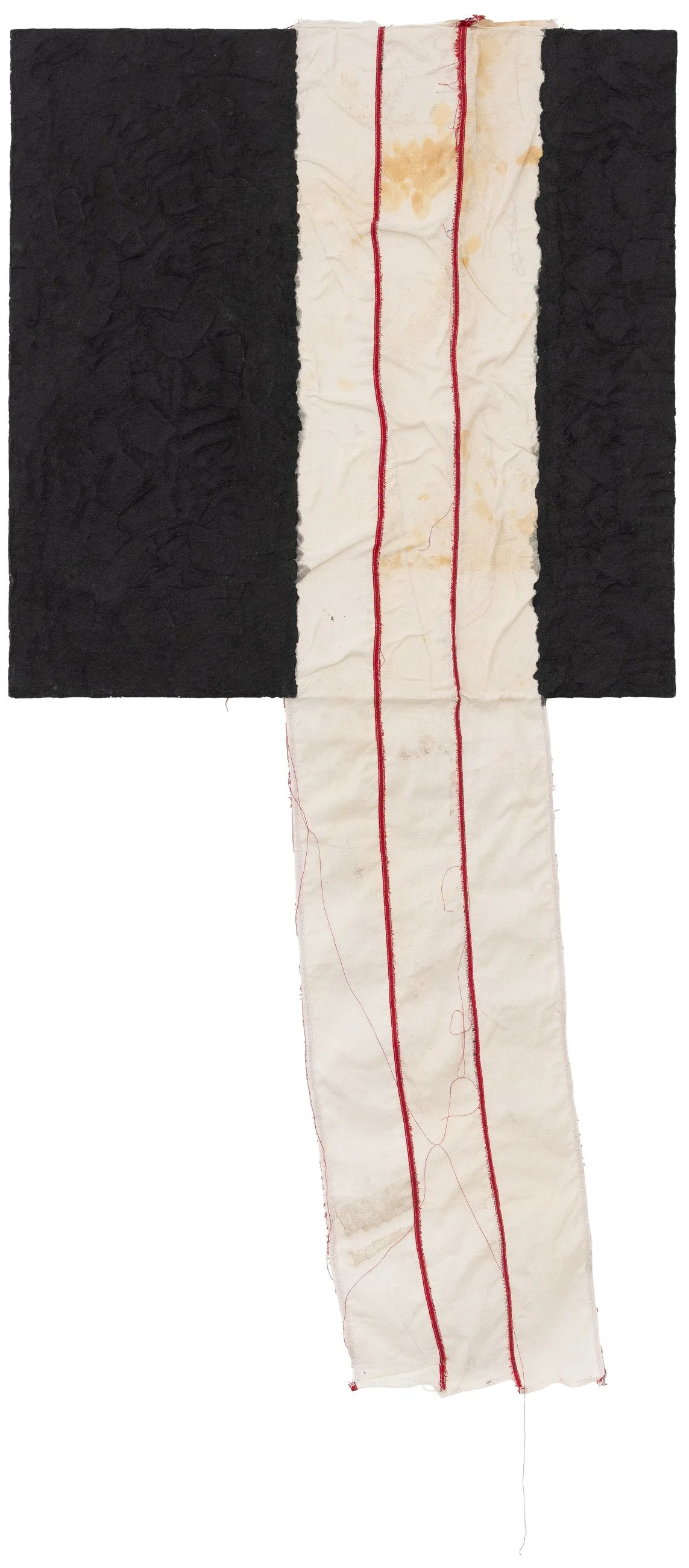 impure, guilty, and amoral | 2026 | Deconstructed US flag and pulped law book covers on canvas |30 x 30 inches | Photo Credit: Adam Reich, NY