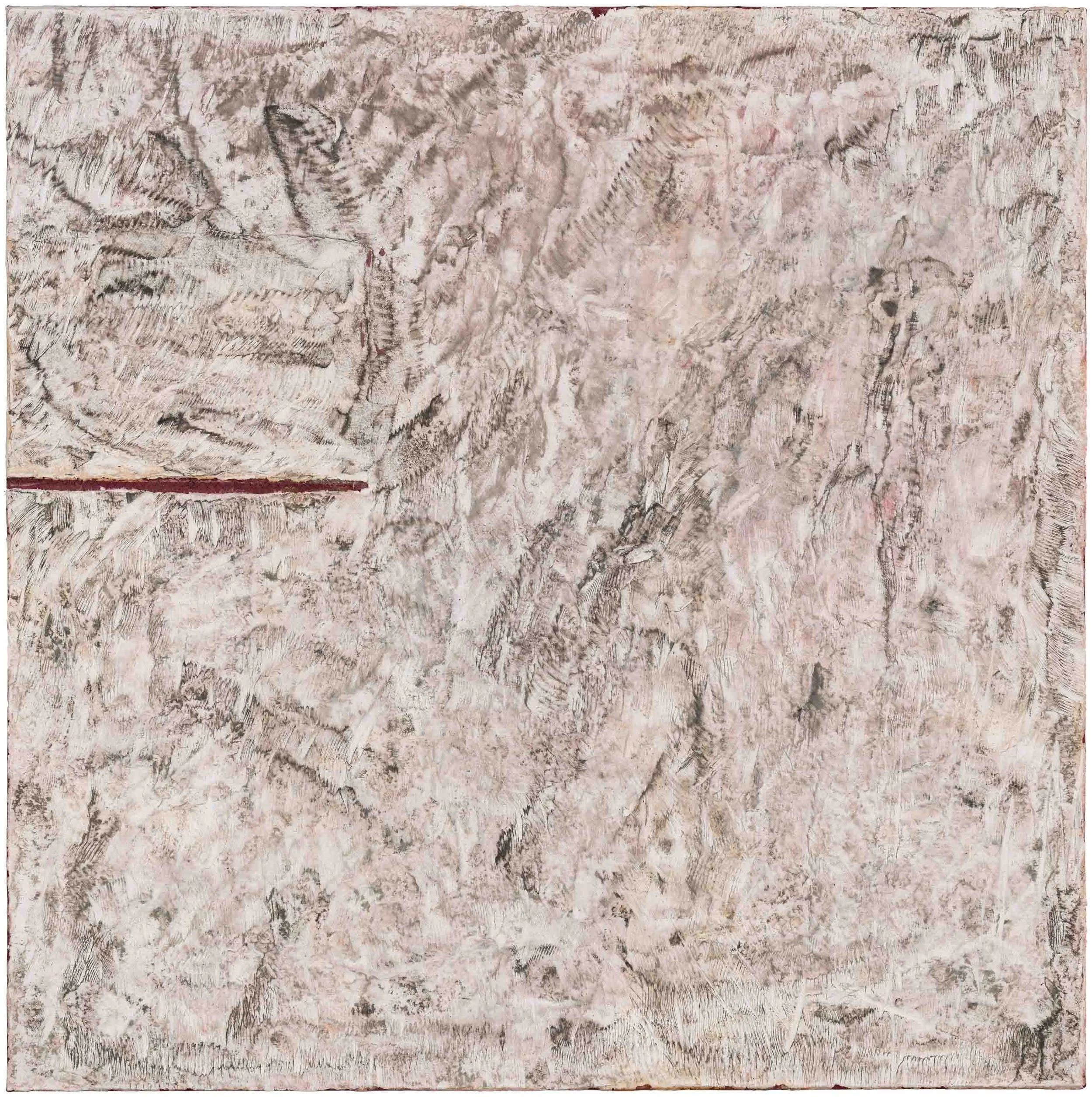 fine line between love and rage | 2026 | Deconstructed finance book covers, and pulped US flag on canvas |30 x 30 inches | Photo Credit: Adam Reich, NY