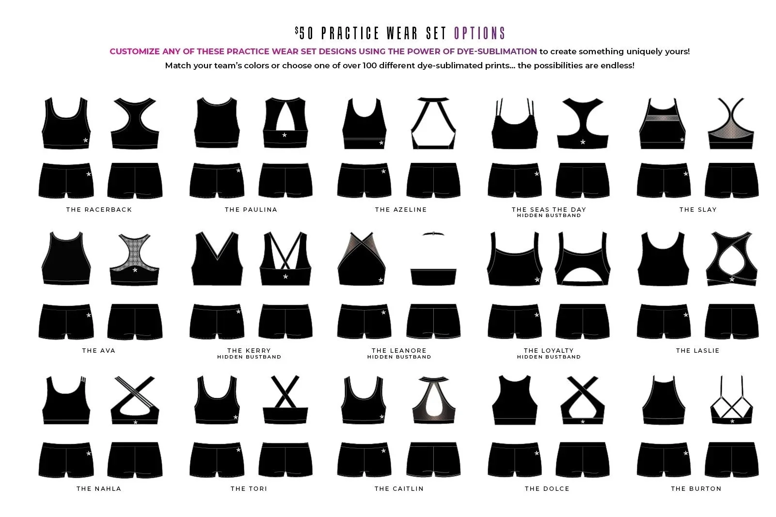 Display of 20 black athletic wear sets with various designs, each labeled with names such as The Racerback, The Paulina, The Azeline, The Seas the Day, The Slay, The Ava, The Kerry, The Leanoire, The Loyalty, The Laslie, The Nahla, The Tori, The Caitlin, The Dolce, and The Burton, arranged in four rows.