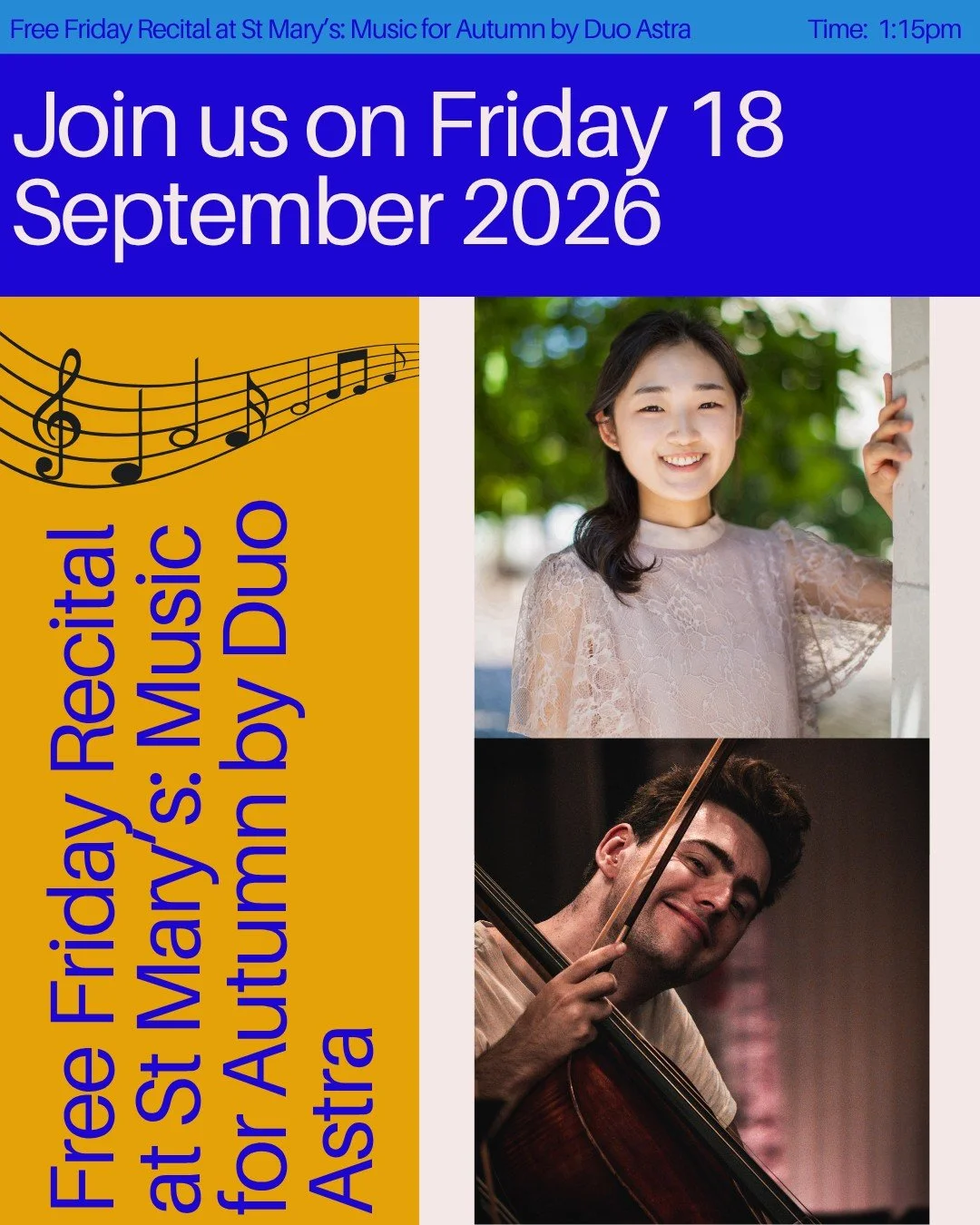 Free Friday Lunchtime Recital at St Mary&rsquo;s: Music for Autumn by Duo Astra

Join competition-winning musicians Theo Bently Curtin  and Myunghan Kim for a beautiful cello and piano performance here at St Mary's Church on Friday 18 September.

The