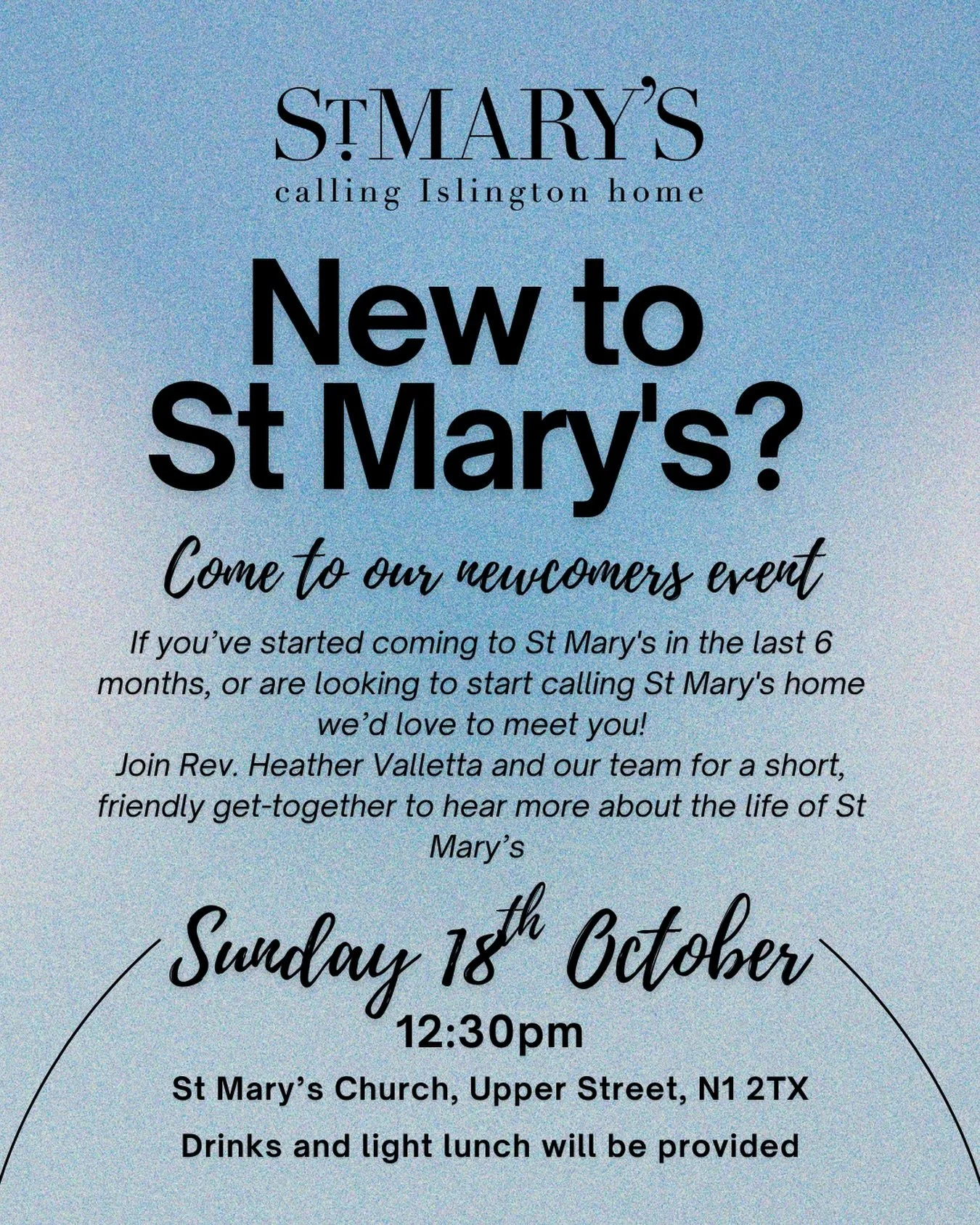 You are invited to our newcomers event! 

Join us for a friendly get-together on Sunday 18th October at 12:30pm ❤️

#StMaryIslington #NewToChurch