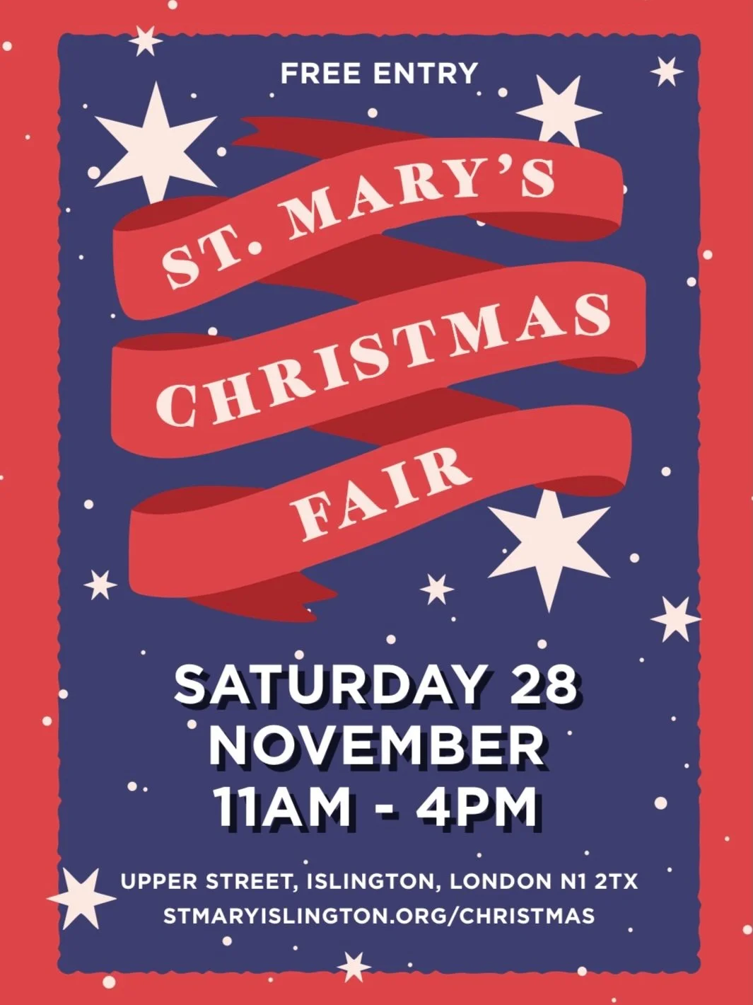 We warmly invite you to join us for our Christmas Fair from 11am - 4pm, Saturday 28 November. 

The choir will be singing, the kettle will be on, and there&rsquo;s plenty of cake as well as craft stalls from designer makers with their wonderful Chris