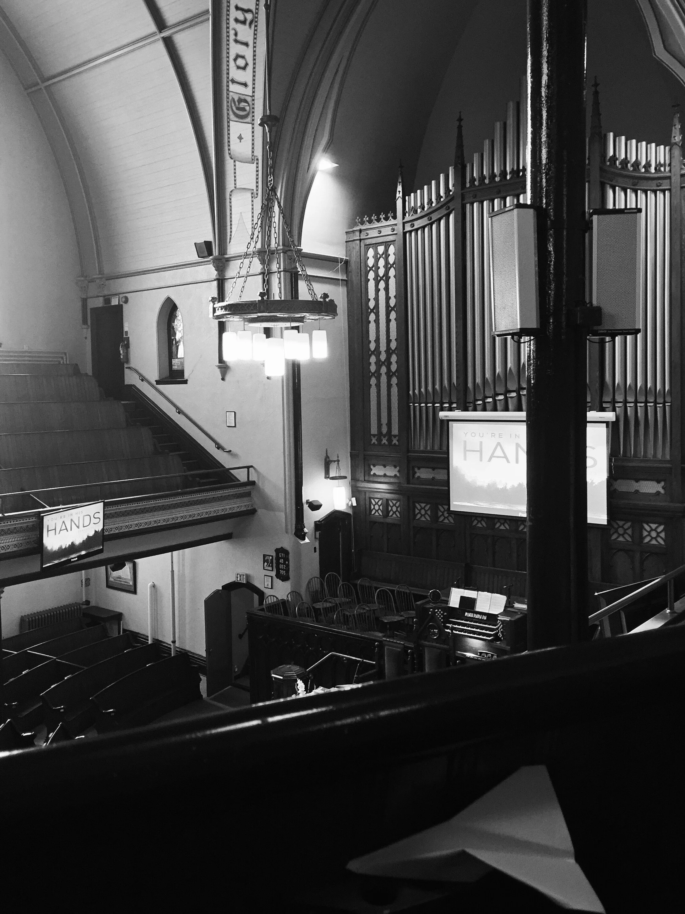 This is my church.  If you look at the bottom right you’ll see a paper airplane – a reminder of new life in an old, traditional space.   

— Emma