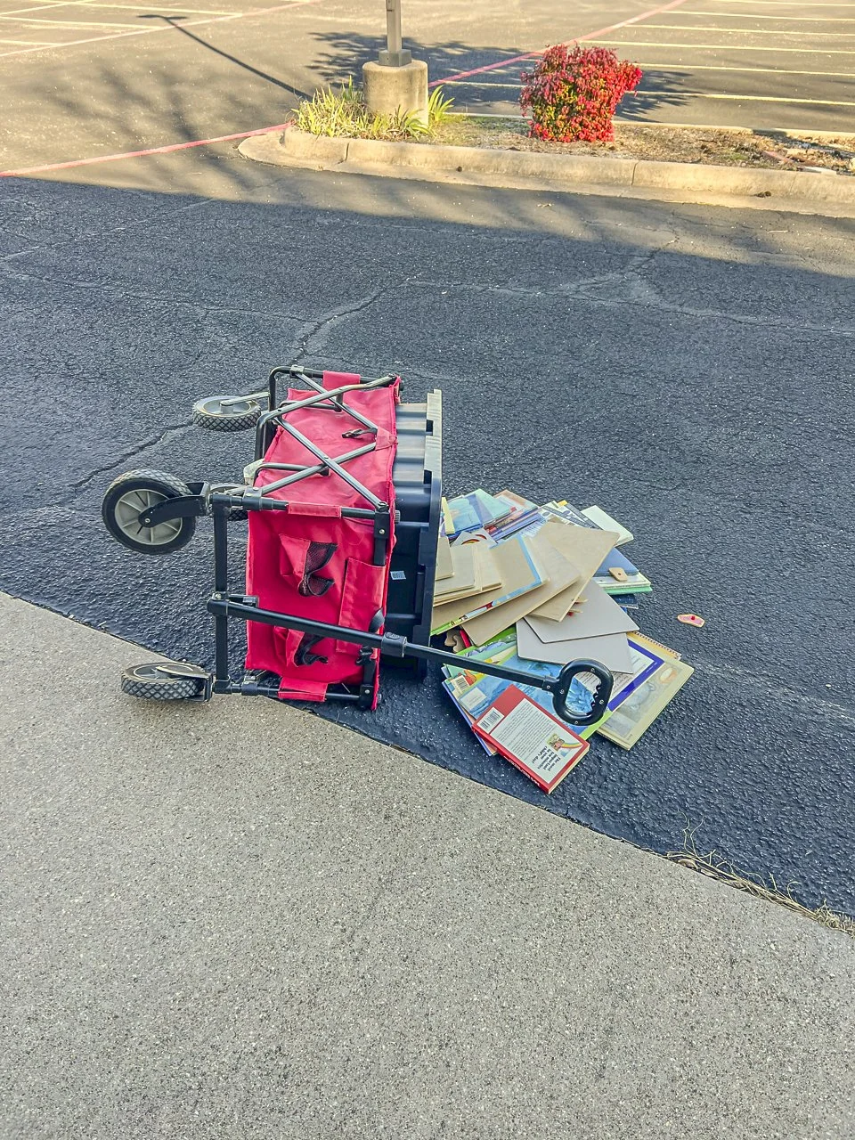 "This is a cart that fell over after a long journey of trying to get some children's books into a garage at the church I work at. It makes me think of times in my life that I have felt like that cart-that my journey was too bumpy and now everything i