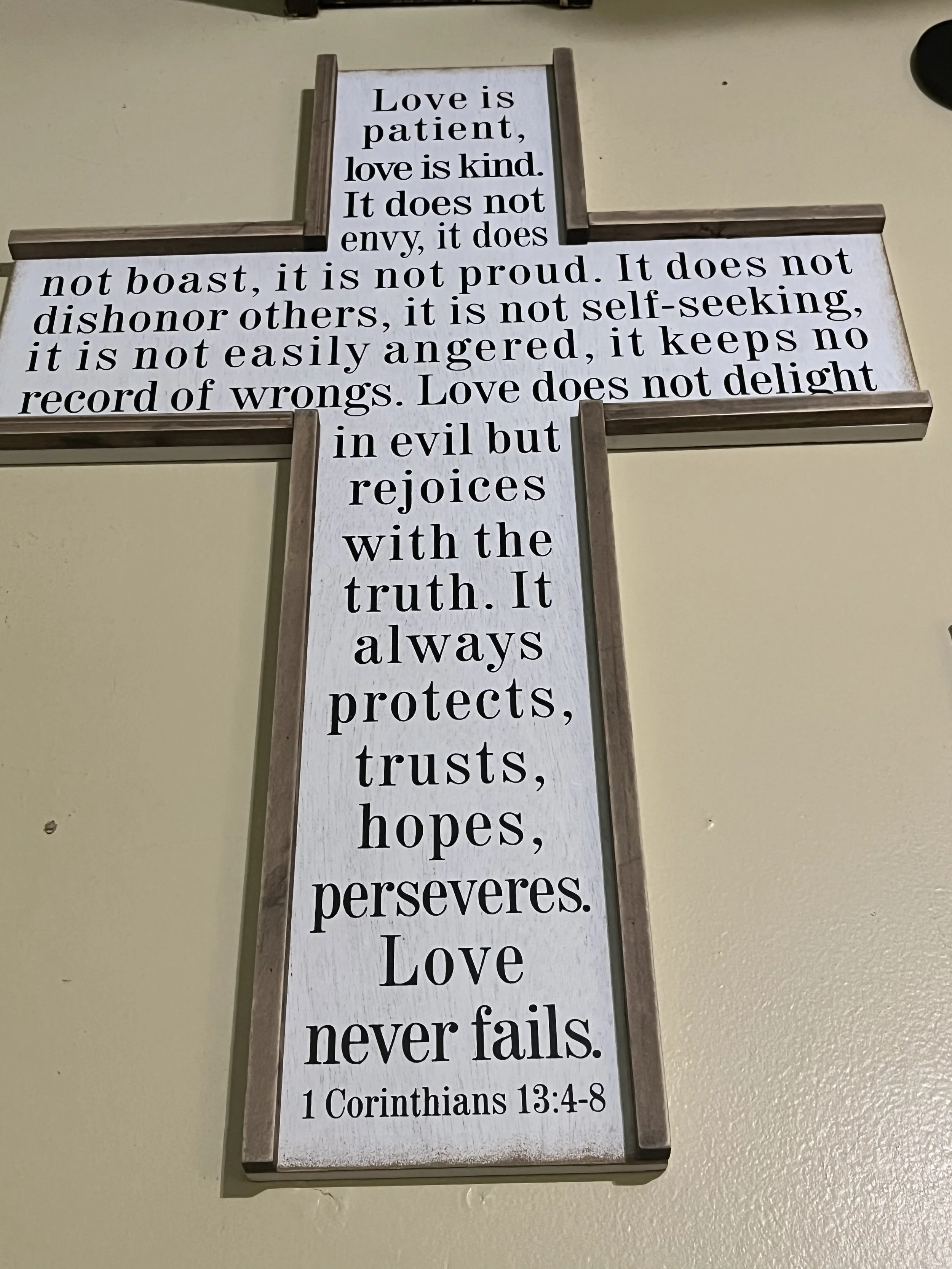 This is very meaningful to me because love is so much more than people know. Even in this verse, it talks about hope, and it says how
much love is worth and that people should become loving like how God is. “Love never fails. “That is amazing and it 
