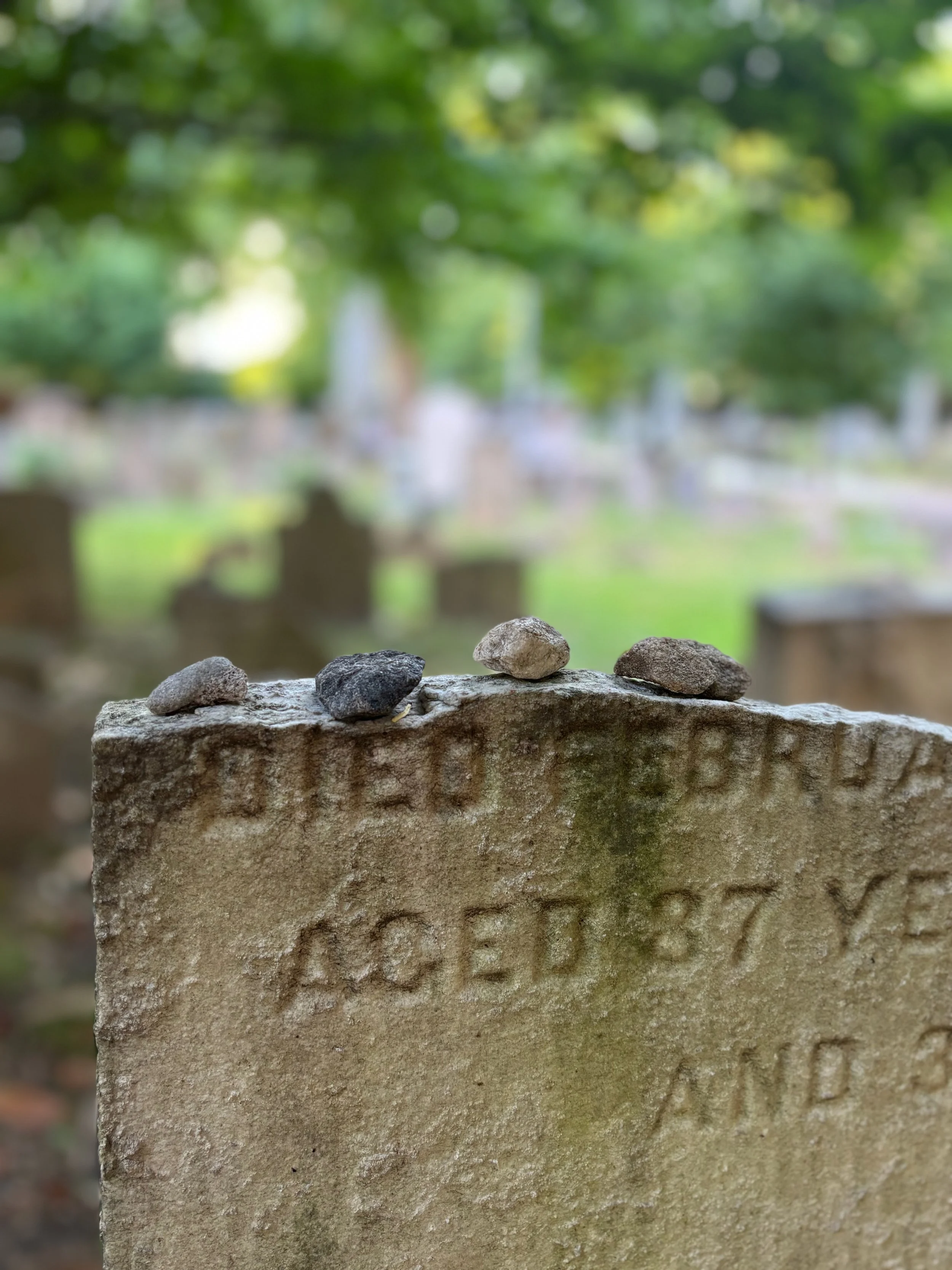 If you are Jewish, whenever you visit a grave, you don't put flowers, you put stones and it's just a piece of a grave with stones on it and the stones represent that someone visited and carved in stone and that was just kind of cool.

It is tradition