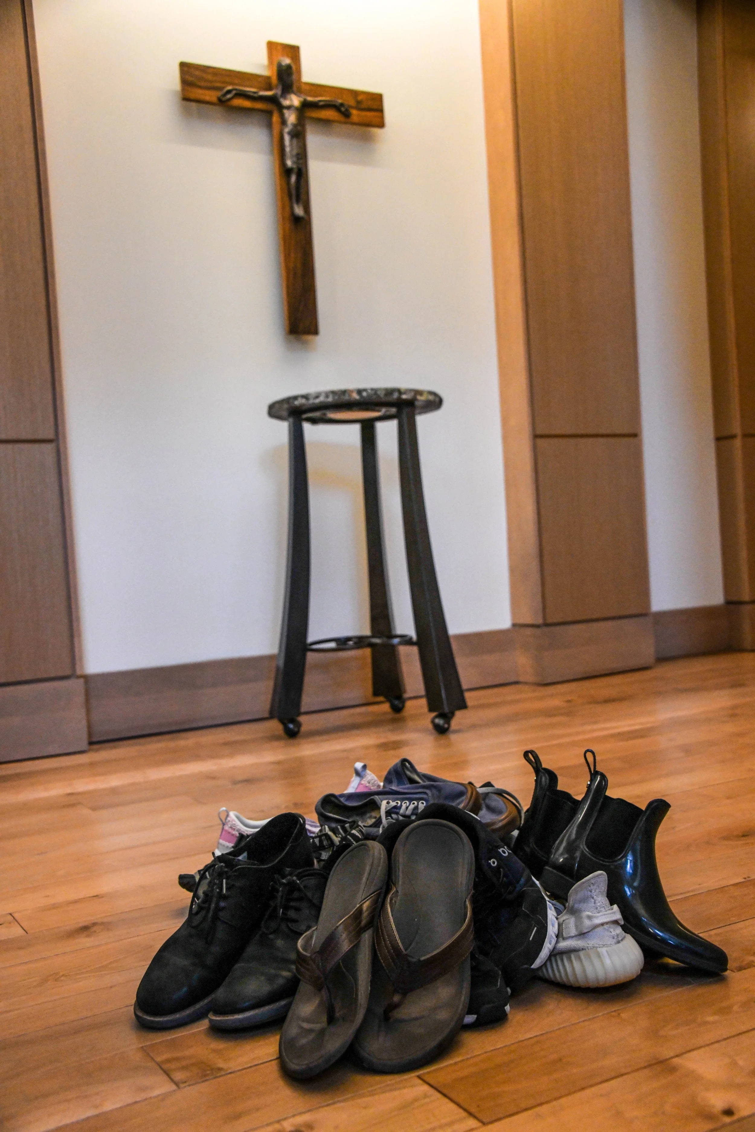 This one is one of the first worship services that was planned by the interns here. They really took the passage of Exodus and Moses and taking off the sandal and just entering into a sacred space. And their reason behind the pile of shoes was you're