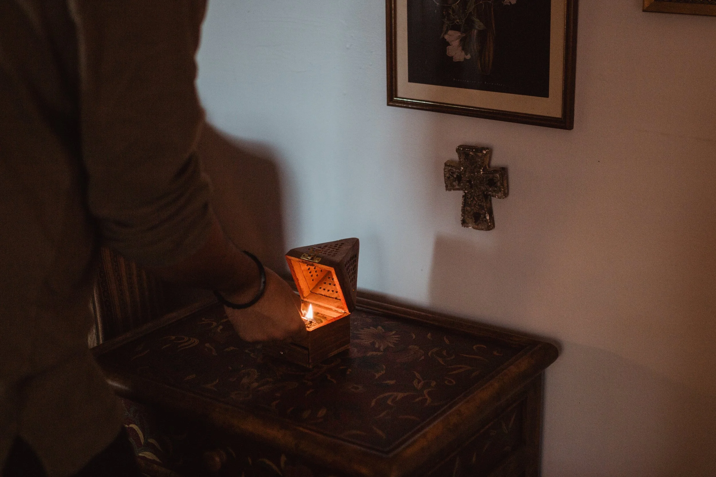 I photographed my husband lighting the oud (incense) because he connects to God through smell. He always does that before he spends time with God and just kind of experiencing God through smell is a way that he describes himself experiencing God. And