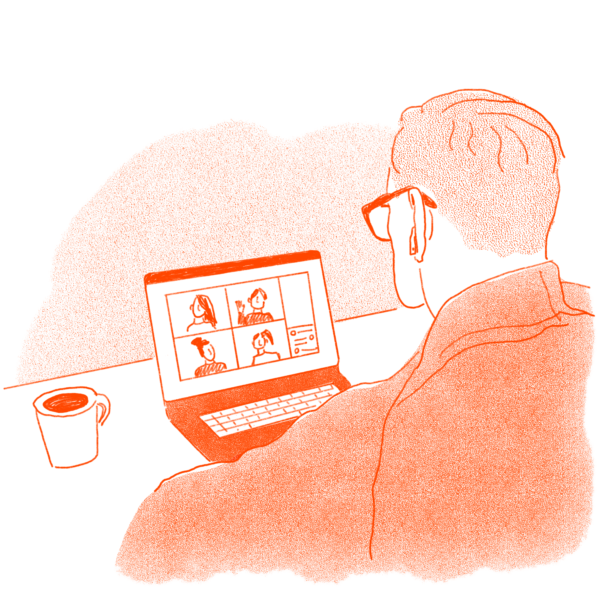 A person participating in a virtual meeting on a laptop, with a coffee mug nearby, illustrated in an orange monochrome style.