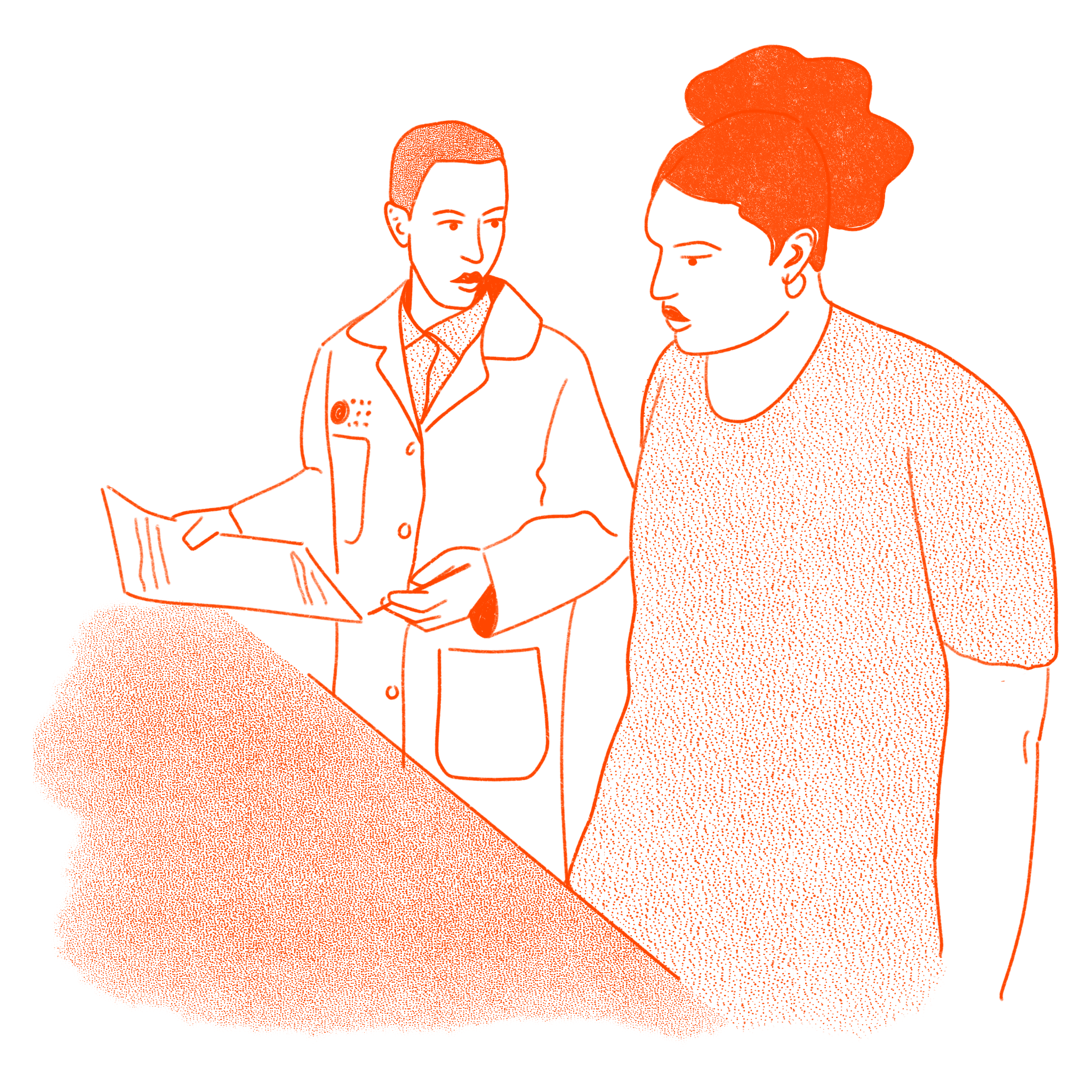 Outline-style illustration of two women having a conversation across a table, one holding a smartphone and the other a tablet, with a small stack of papers on the table, all in orange on a black background.