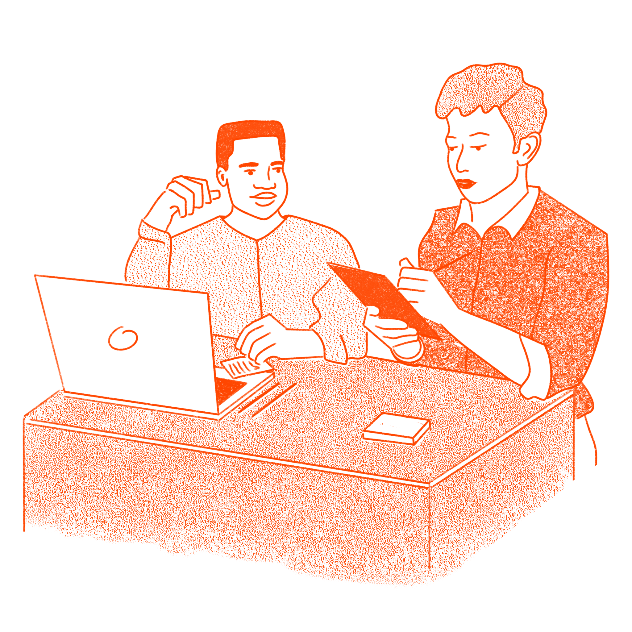 Two men sitting at a desk, using a laptop and a smartphone, engaged in a conversation or discussion.