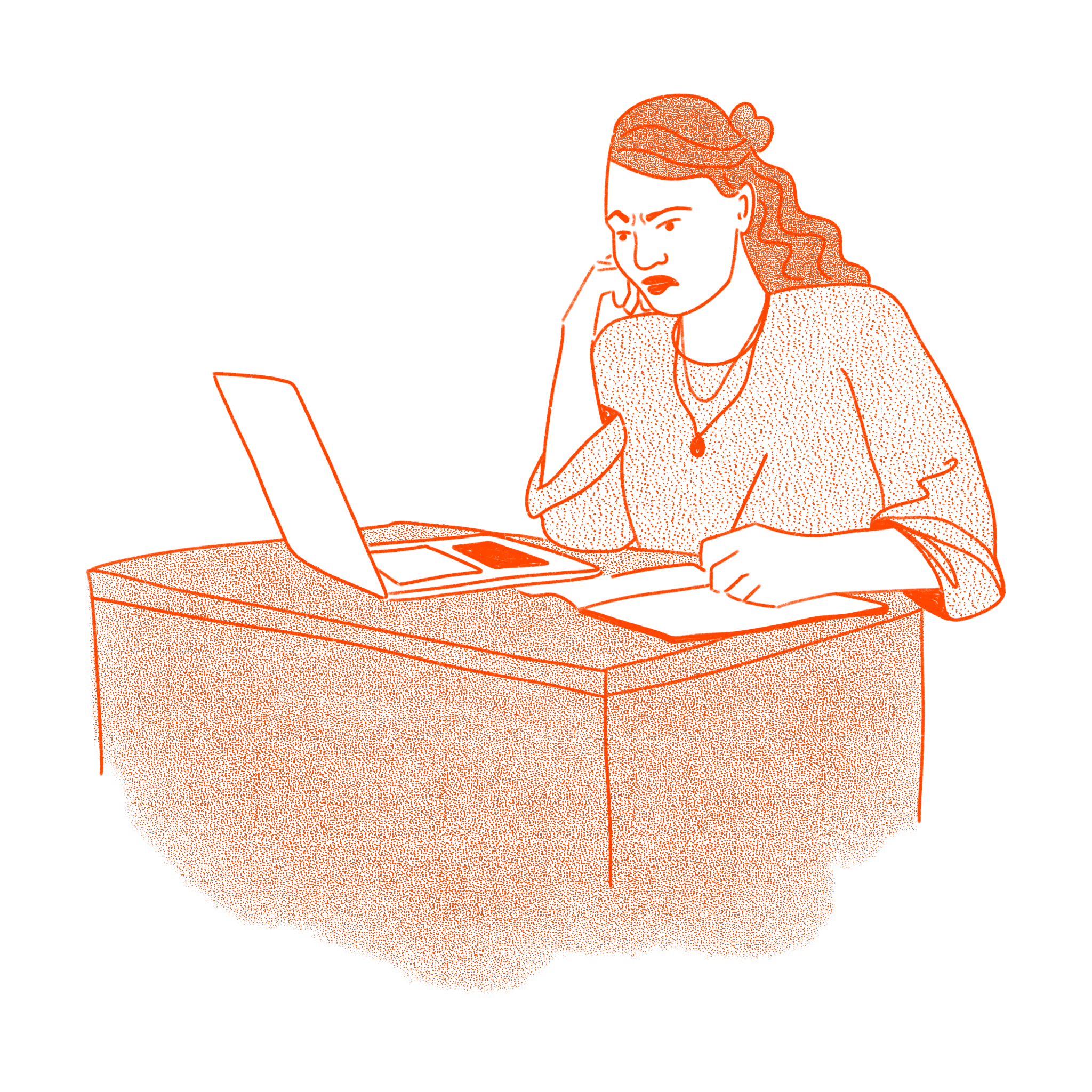 Illustration of a woman sitting at a desk working on a laptop, with books and notebooks, rendered in red on a black background.