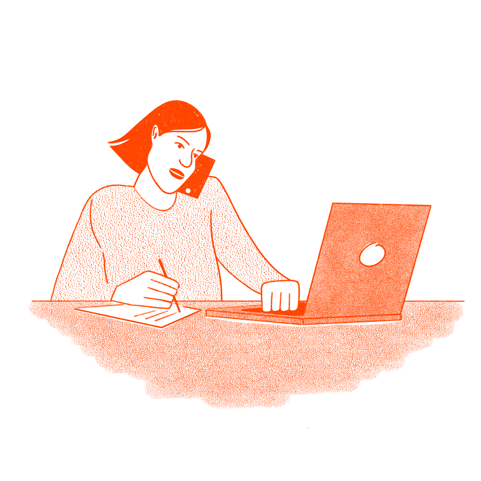An orange and black illustration of a woman speaking on a cell phone while writing notes at a desk with a laptop.
