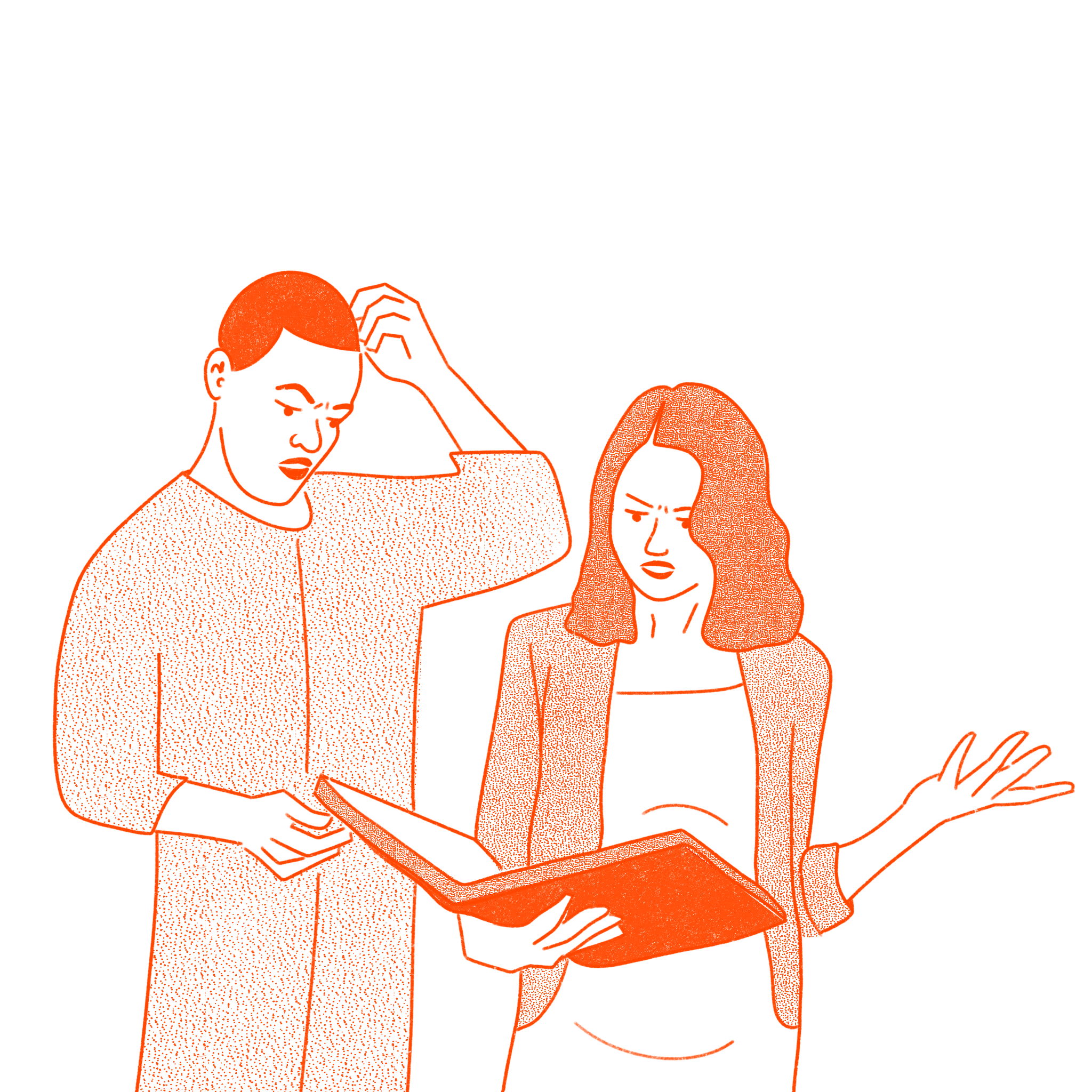 Illustration of a man and woman having a discussion while looking at a document, with the man touching his head in contemplation.