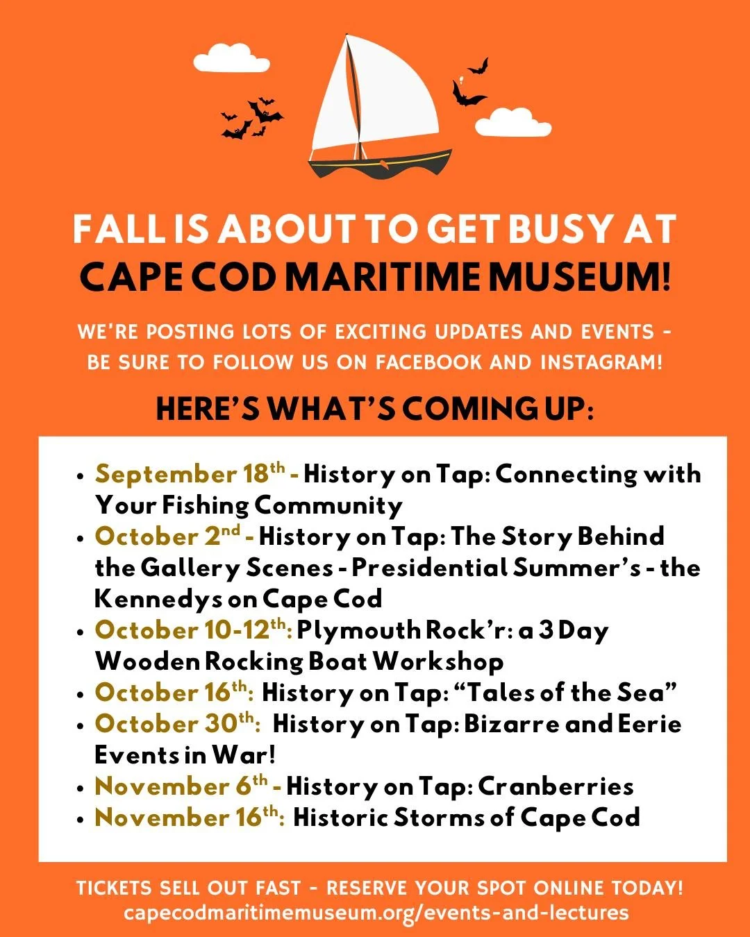 🍂 🎃  Fall is about to get BUSY at Cape Cod Maritime Museum! 🍂 🎃 

We&rsquo;re gearing up to post tons of exciting updates and events &mdash; so be sure to follow us on Facebook and Instagram for the latest! 🎉✨

Want to see everything all in one 