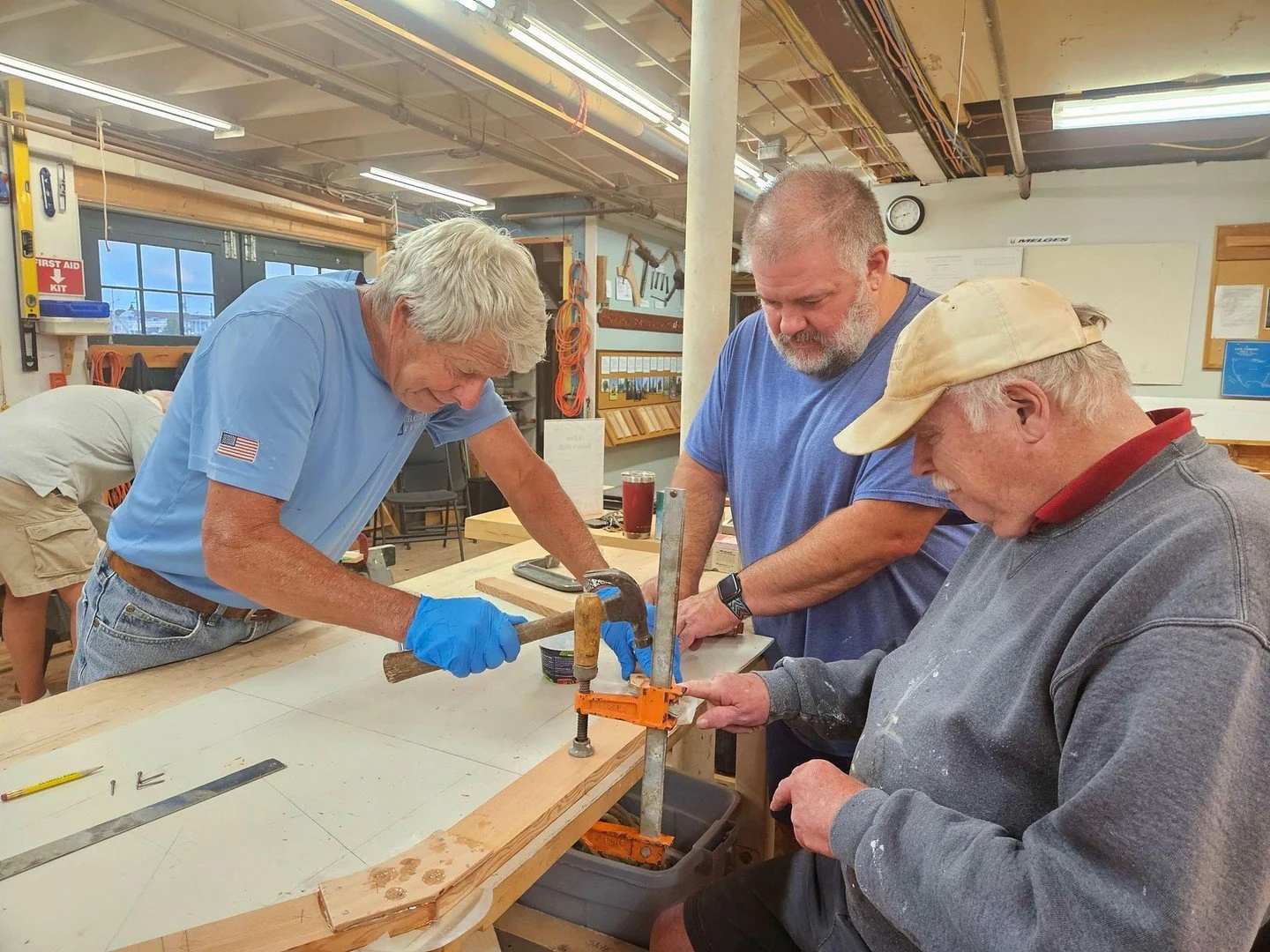 Our Thursday night volunteers are busy building a new rowing gig for our Rowing Program &mdash; lighter, faster, and built to win races! If you&rsquo;re here for a History on Tap night, stop by and see their progress in action.