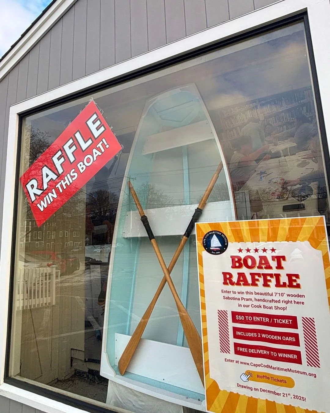 There&rsquo;s still plenty of time to grab your boat raffle tickets! This beautiful Sabotina Pram, handcrafted right here in our boat shop, comes with two wooden oars and even includes free delivery anywhere on Cape Cod. Not a boater? No problem! Tur