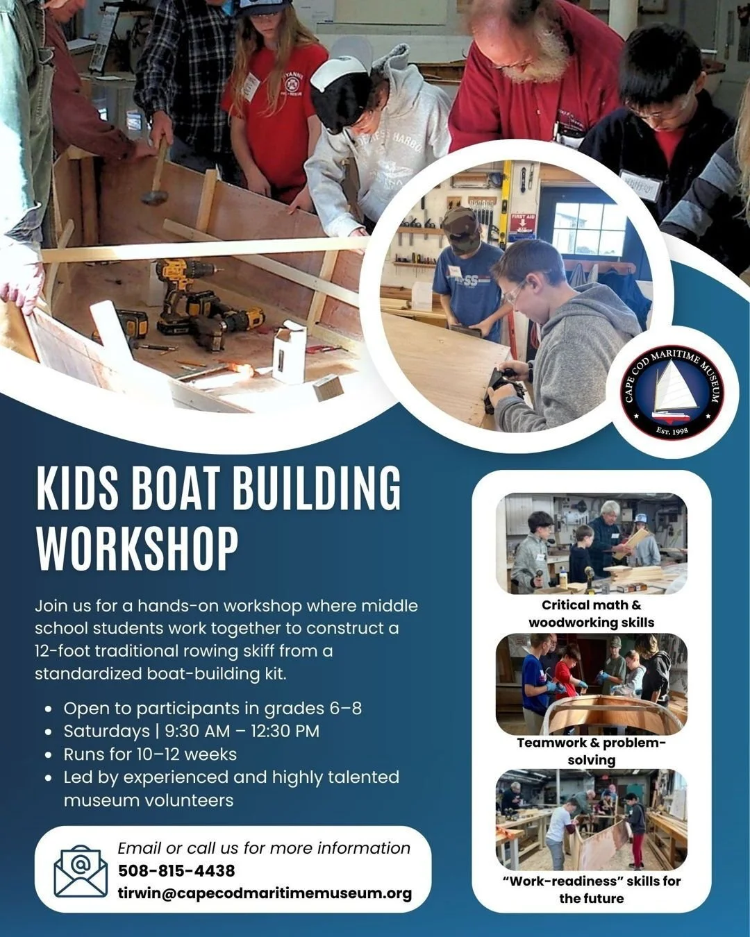 Our Youth Boatbuilding Course is back! Starting February 7, students in grades 6&ndash;8 will build skills &mdash; and a boat &mdash; from the ground up. Register through the link on our website.