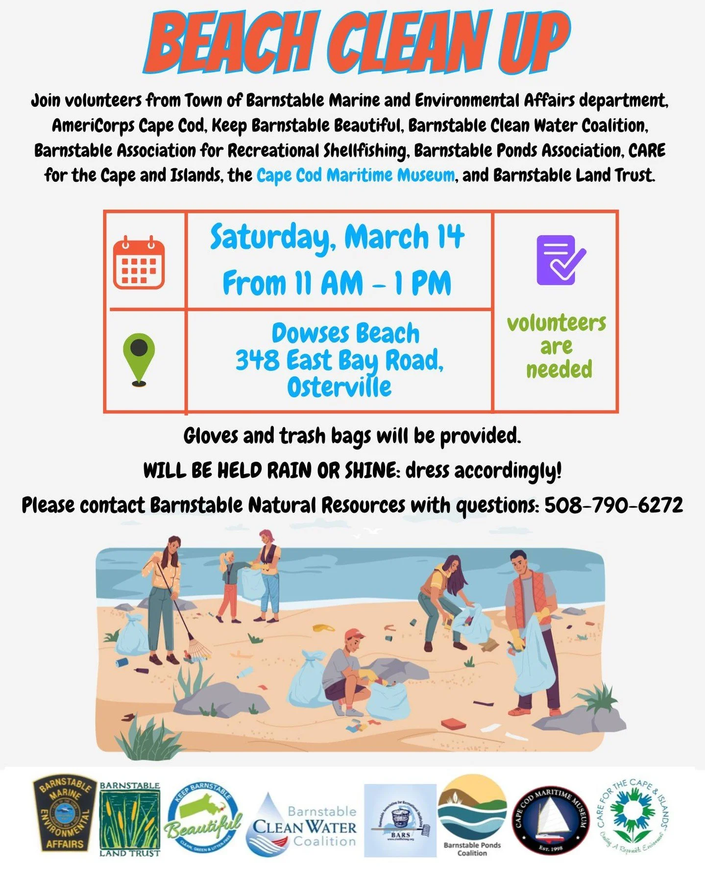 The rescheduled beach cleanup from February is a go! Looks like we&rsquo;ll have sunny (and windy!) weather.

Join us at Dowses Beach
348 East Bay Rd, Osterville, MA 02655
Saturday, March 14, 11 AM &ndash; 1 PM

As always, no registration required &m