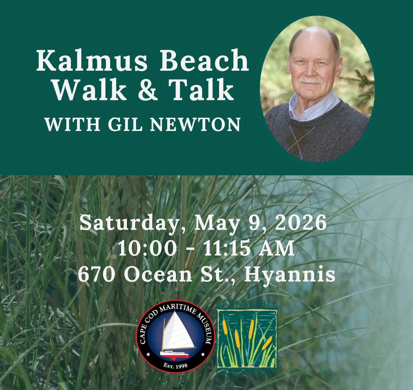 Join us in partnership with Barnstable Land Trust this Saturday for a fascinating walk at Kalmus Beach with naturalist, Cape Cod Community College professor, and author Gil Newton.

Gil will introduce participants to the diverse marine plants and ani