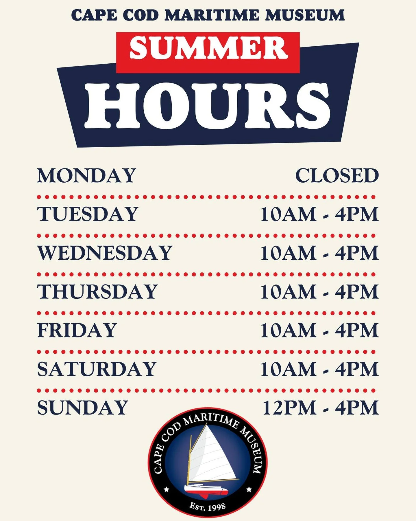 We&rsquo;re starting to see signs of summer here on Cape Cod! ☀️

Beginning this Sunday, May 10, we&rsquo;ll be operating under our SUMMER HOURS! We&rsquo;ll be open every day except Mondays.

And as a reminder, mothers receive FREE admission this Su
