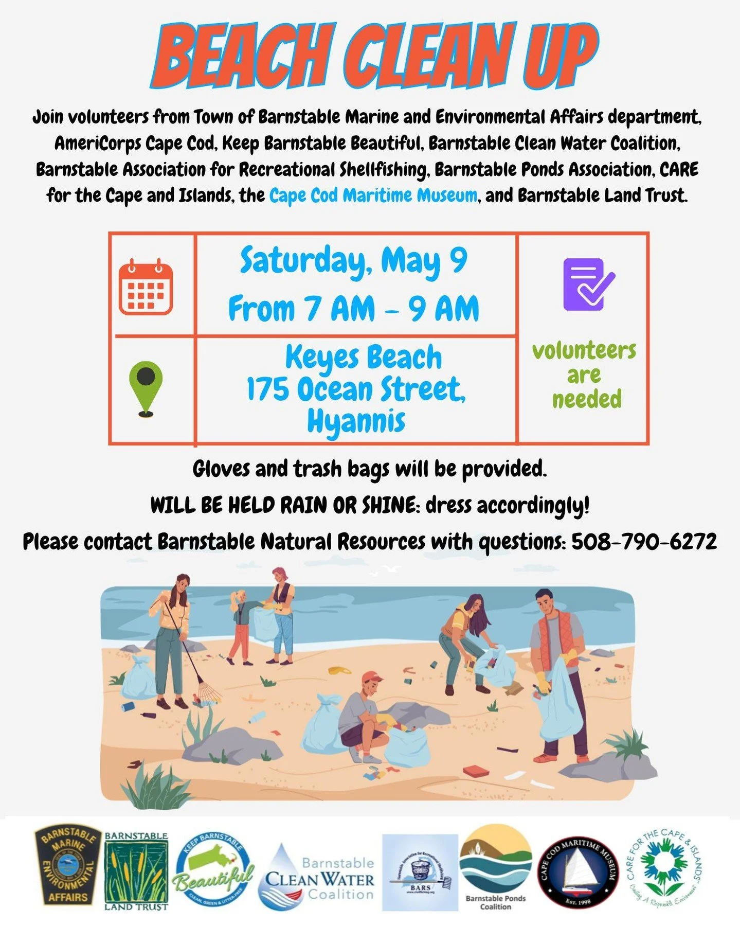 Beach cleanup this weekend 5/9!

This month, we&rsquo;ll be tackling Keyes Memorial Beach from 7&ndash;9 AM. What a great way to start the day &mdash; then grab some breakfast on Main Street and join us afterward at Kalmus Beach for the beach walk!

