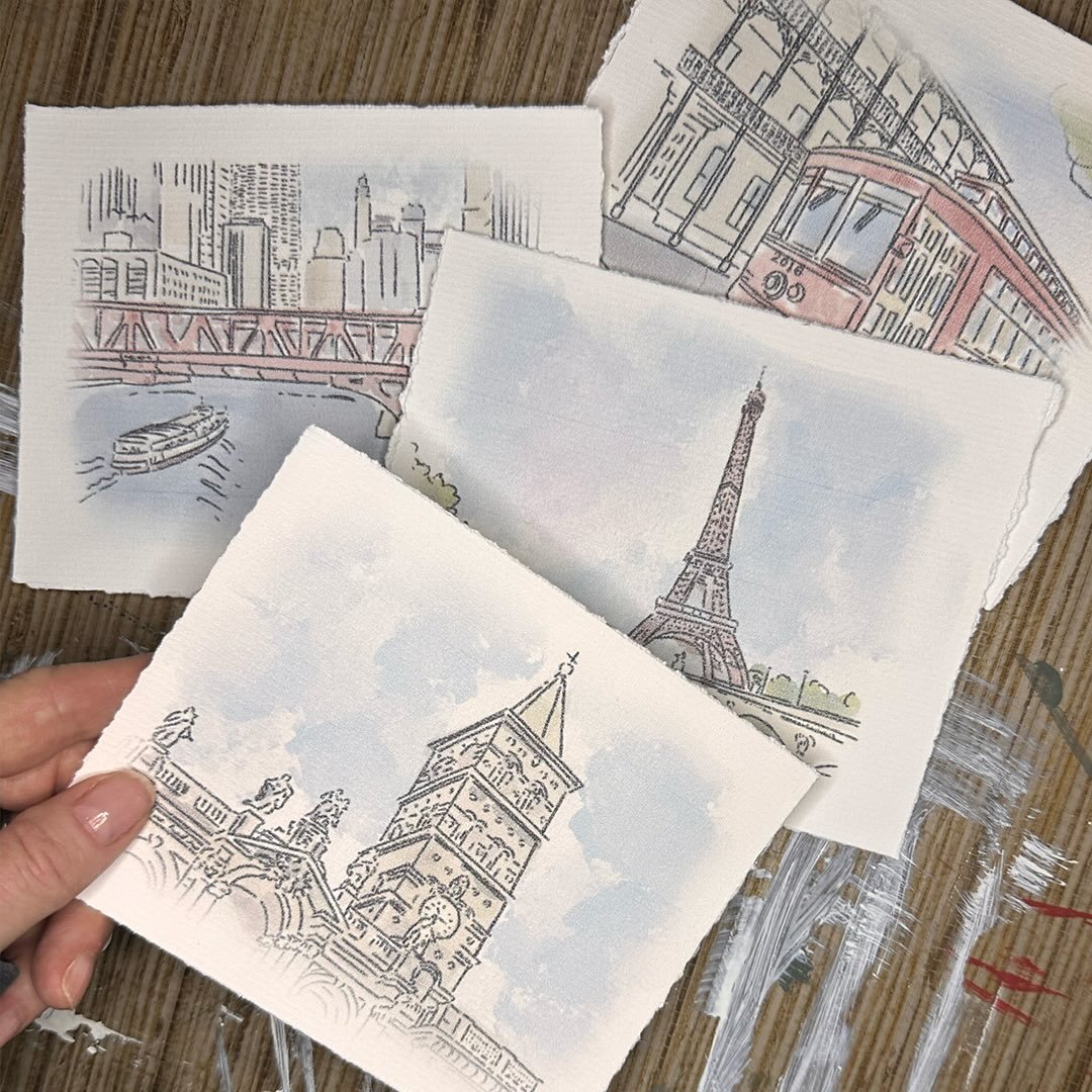 I created illustrations of the favorite places of my daughter and her husband for their wedding&hellip;🩵

Floral: @vetiverandvine_beverly
Photography: @candacesimsphoto
Catering: @cocinafusioncatering