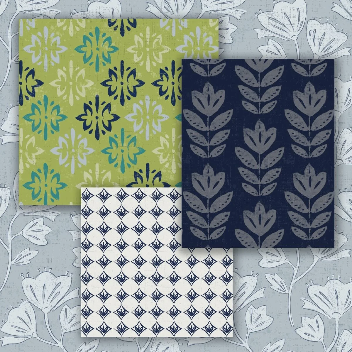 Some patterns made from hand-cut linoprints, ready for summer ☀️
.
#summerfabric 
#summerdecor 
#artistsofinstagram 
#spoonflowerdesigner 
#spoonflowerfabric