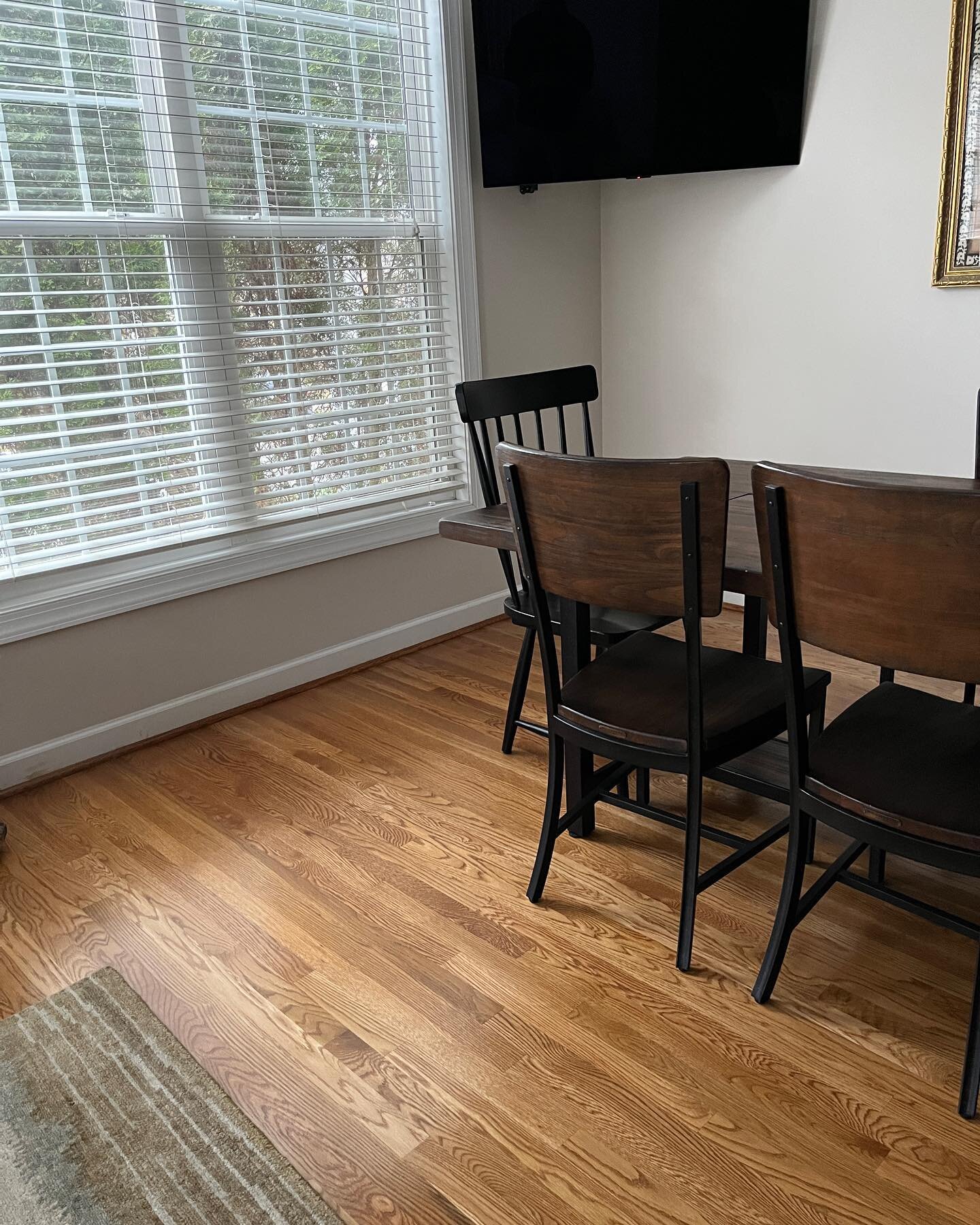 Hardwood refinishing complete. We also removed the builder carpet from the stairs and added new hardwood with solid treads. &ldquo;Early American&rdquo; stain color from @bonafloorcare with a semi gloss finish. The home owner was thrilled to have the