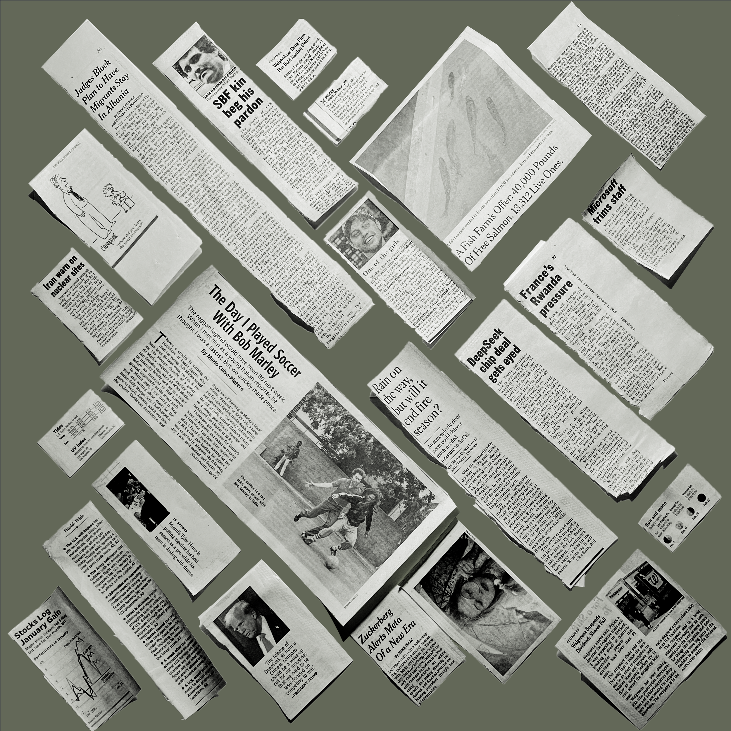 Diagonal layout with real articles cut out of newspapers