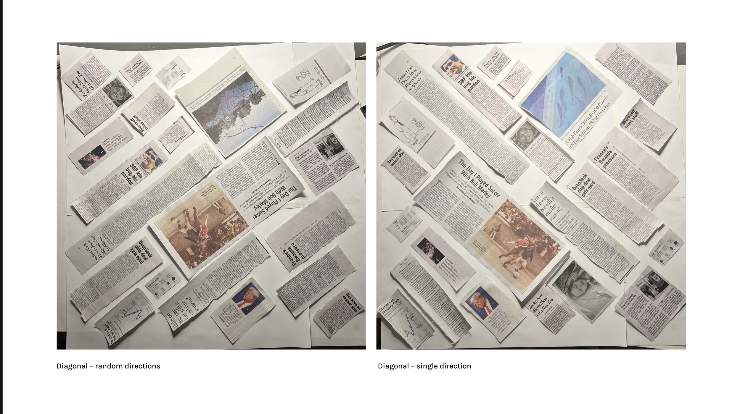 Diagonal layout showing all the articles facing the same direction vs different directions