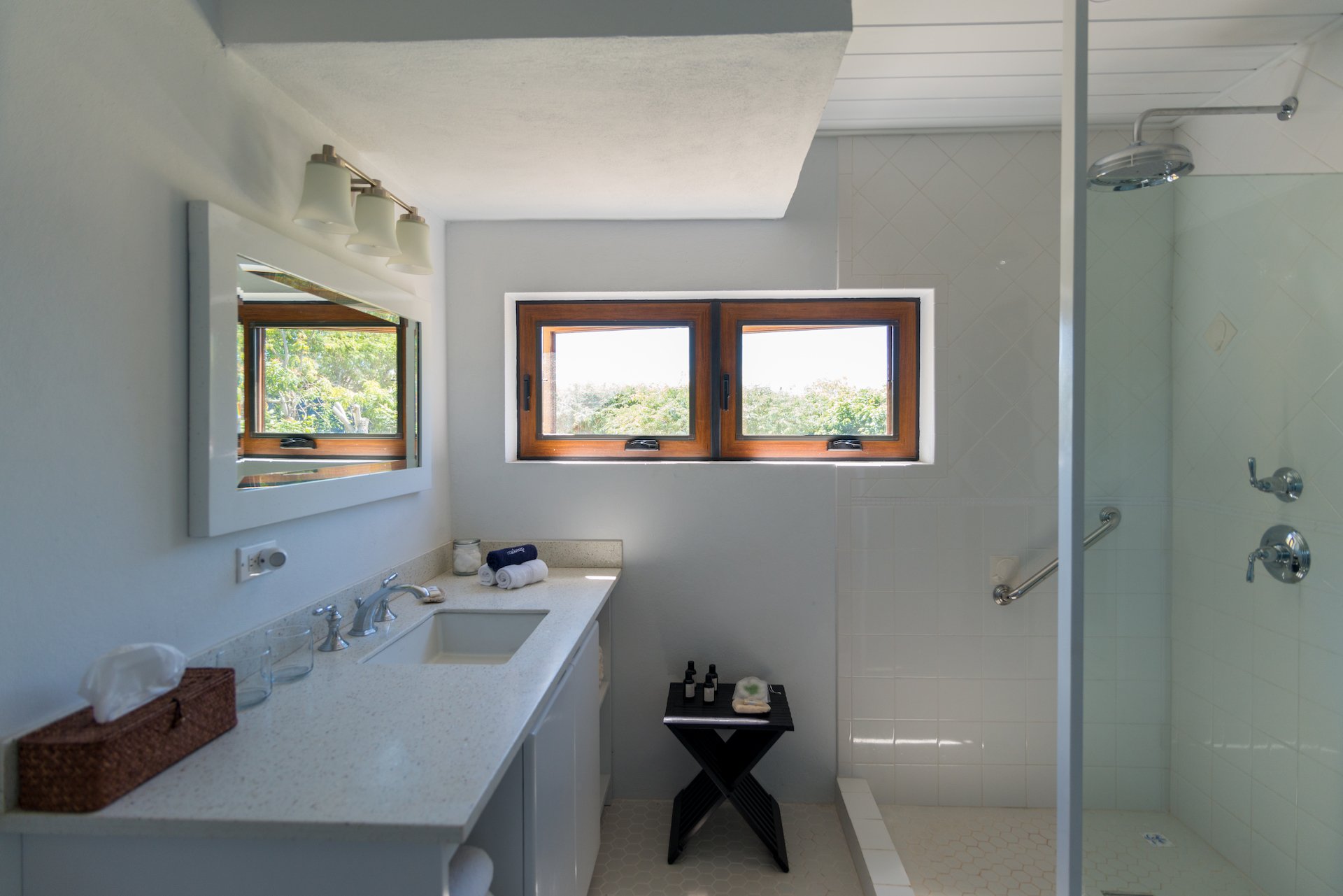 Modern bathroom with white countertop, mirror, dual windows, and glass-enclosed shower.