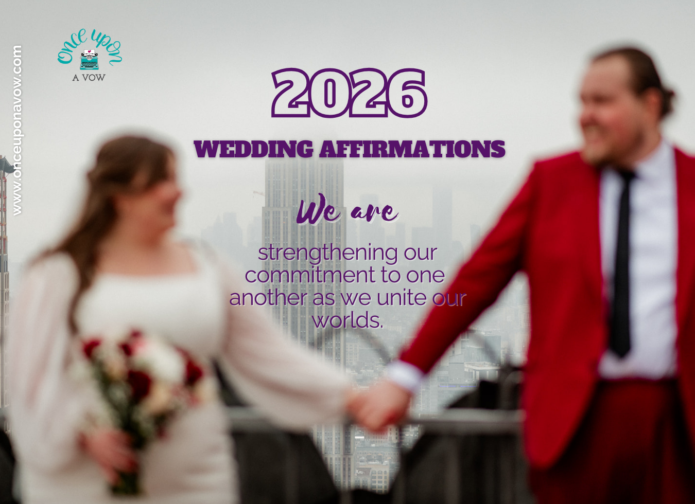 Blurry photo of newlyweds holding hands with buildings in the background and text overlay that says 2026 Wedding Affirmations, "We are strengthening our commitment" from fun, intentional, bilingual NYC and Boston Wedding Officiants