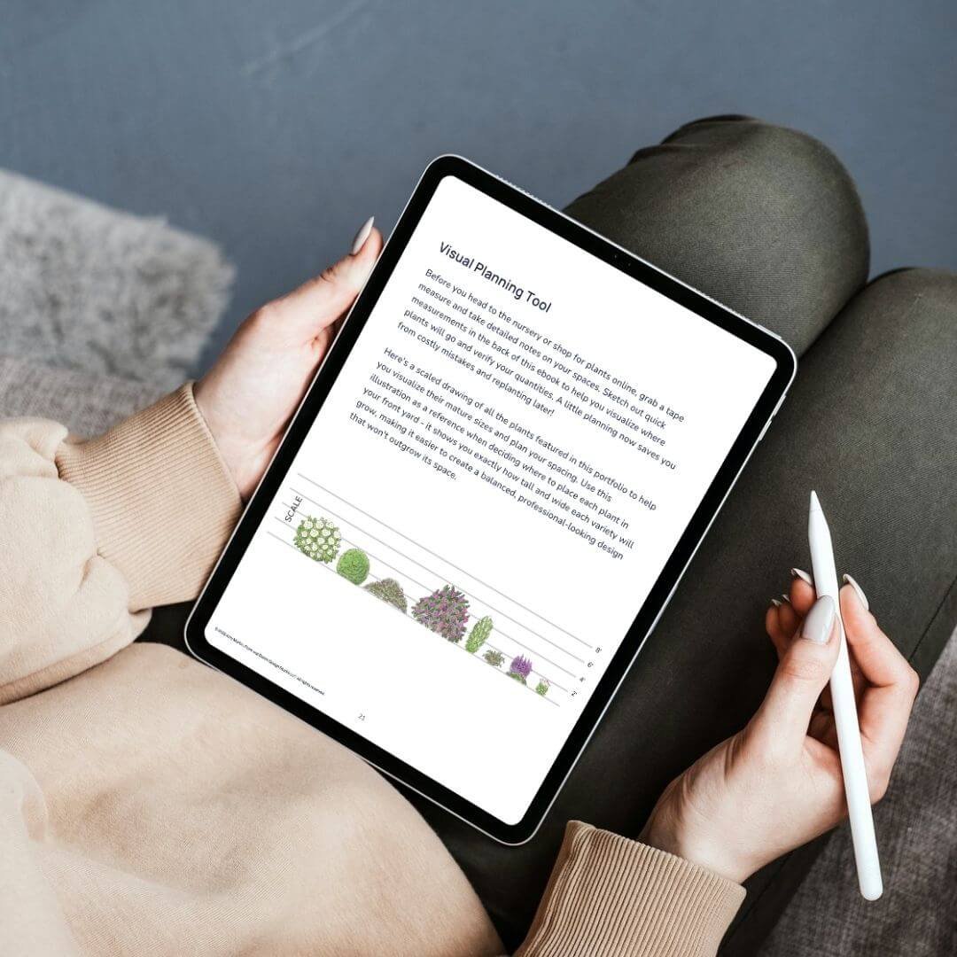 Front yard partial shade plant palette ebook on iPad in woman's lap — zones 4-8 landscaping guide for DIY homeowners