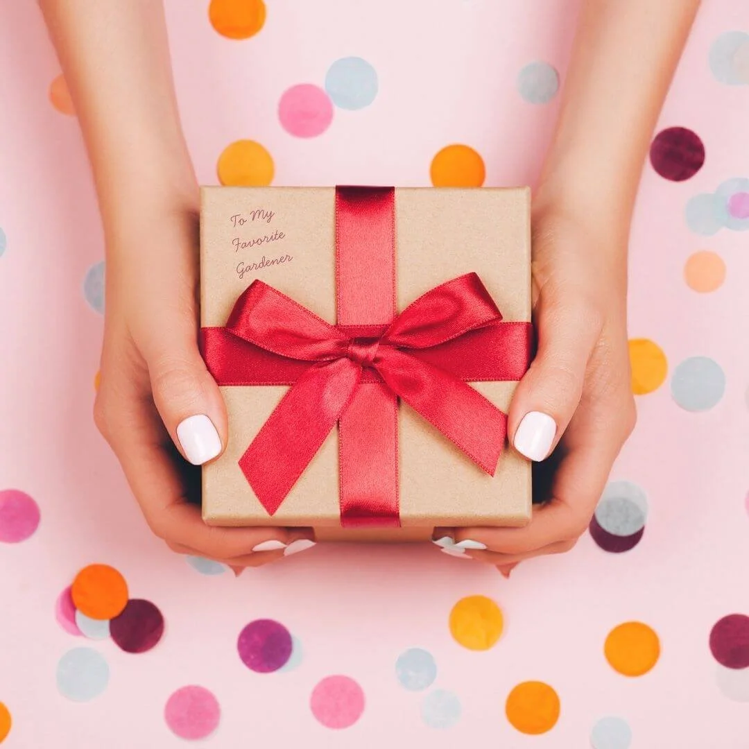 hands holding a wrapped gift near confetti