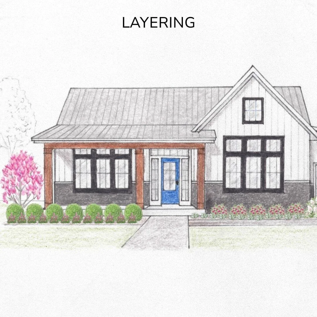 landscape design drawing for front yard landscaping showing house, front porch, blue front door, trees, shrubs, perennials, walkway, porch