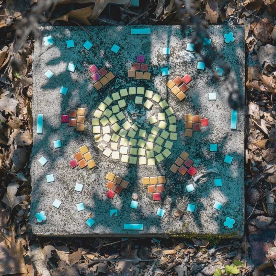 Handmade mosaic garden stepping stone kit viewed from above nestled in garden leaves and mulch
