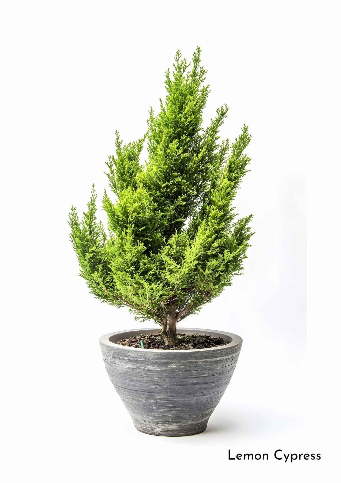 holiday lemon cypress plant potted in gray pot against white background