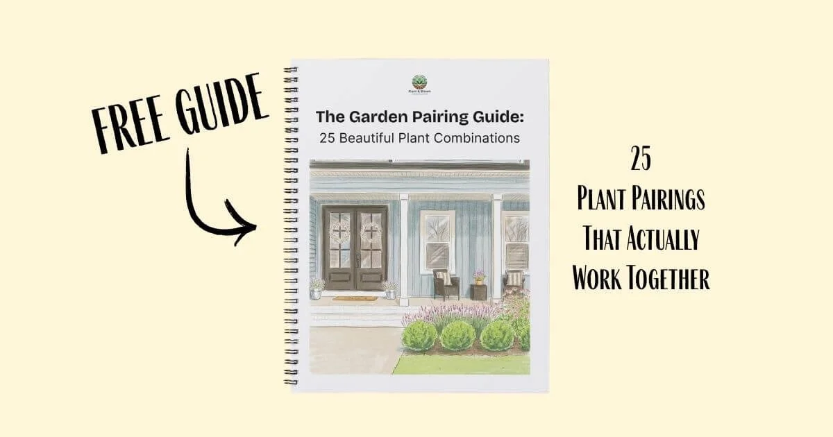 Image mockup showing the cover of the garden pairing guide notebook with text and arrow saying free guide, 25 Plant Pairings that Actually work together