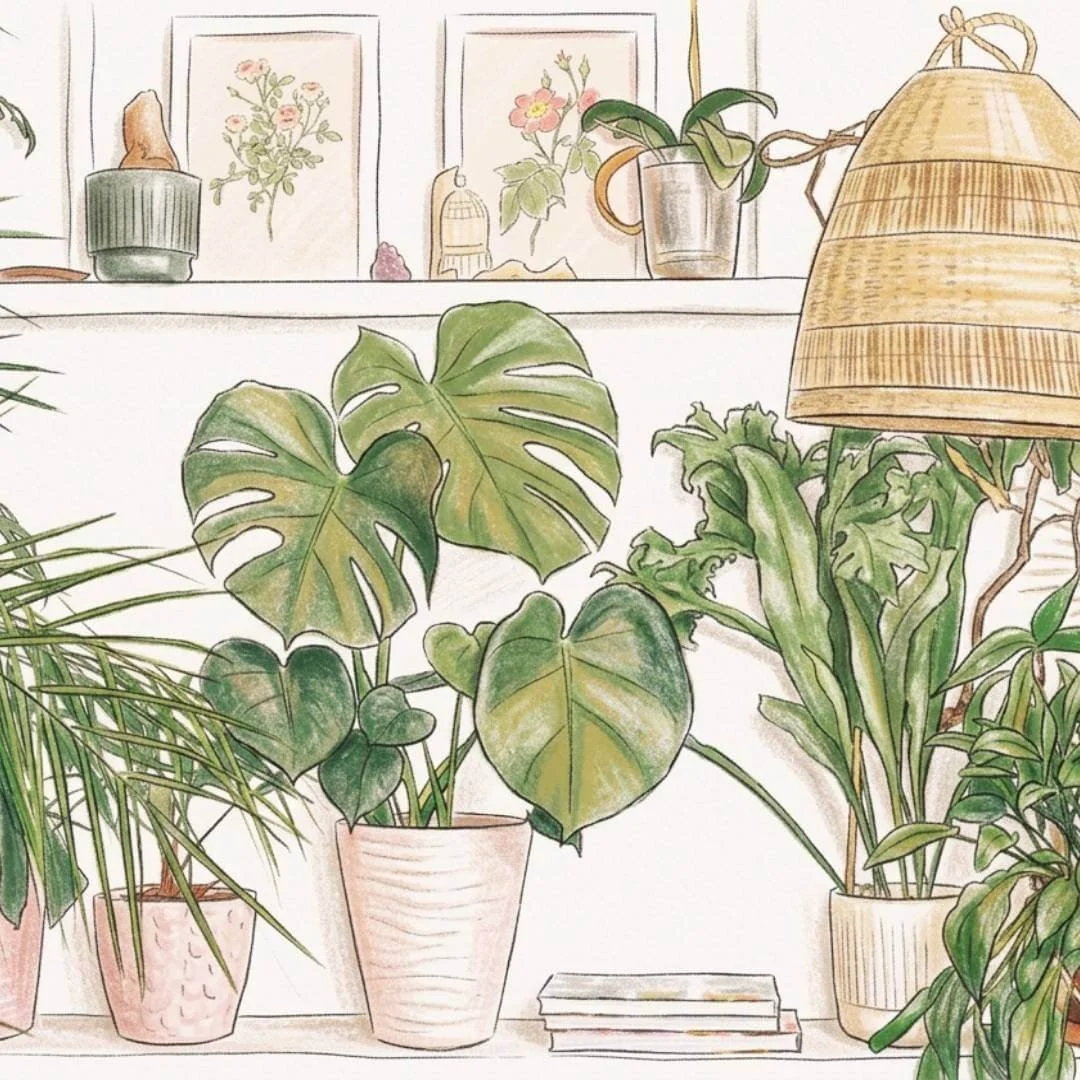 Potted indoor plants arranged on shelves with home decor and a hanging lamp