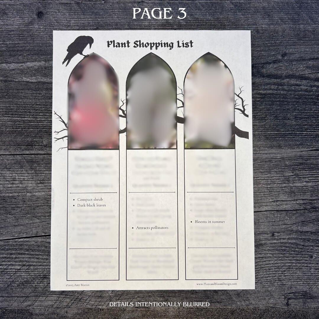 Page printed with a goth garden design atop a dark grey wood surface